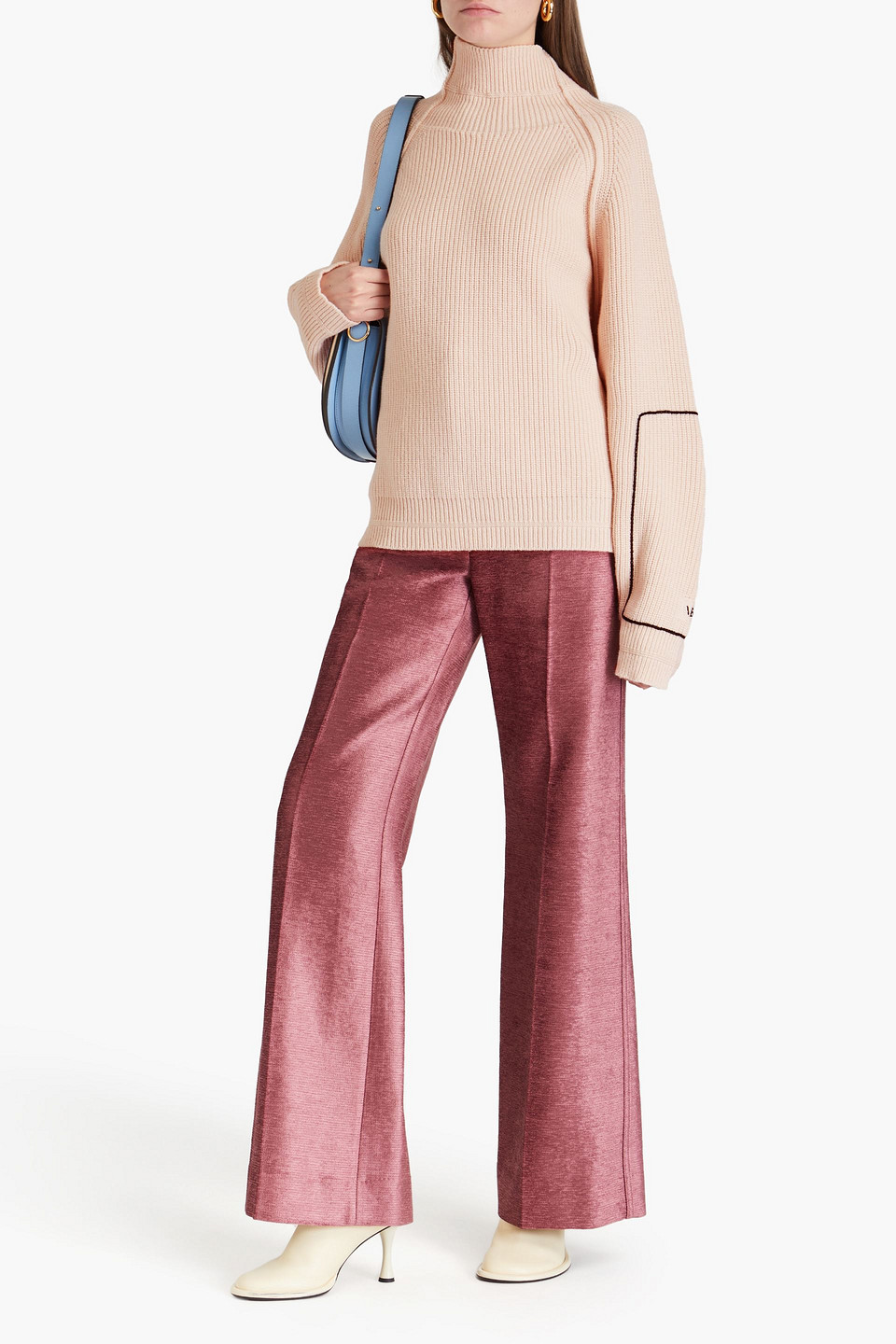 Shop Victoria Beckham Embroidered Ribbed Wool Turtleneck Sweater In Cream