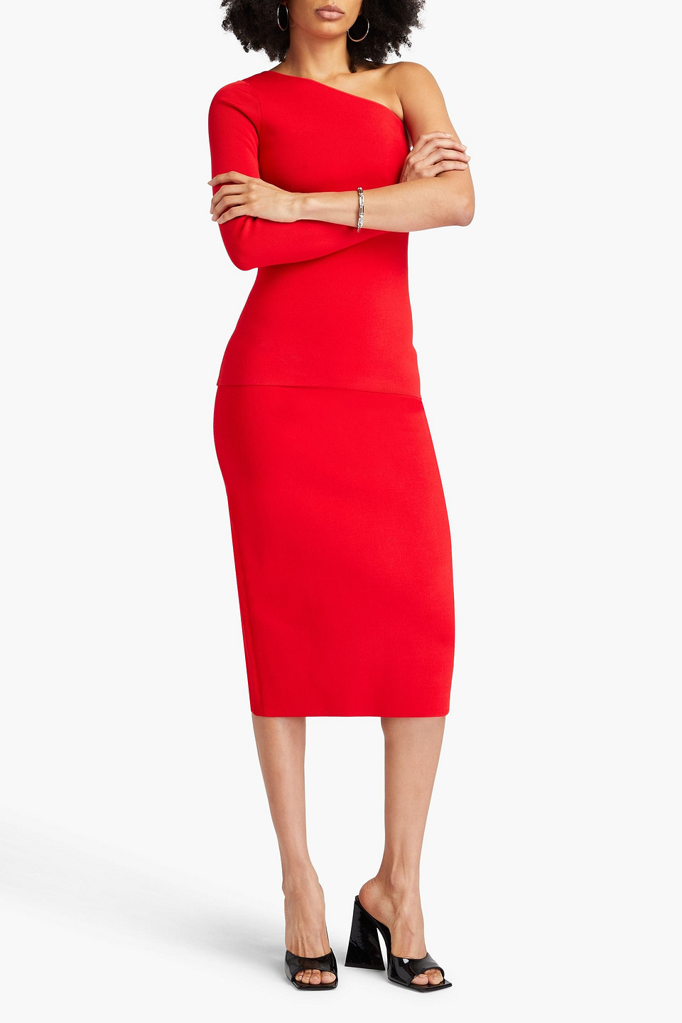 Shop Victoria Beckham Stretch-knit Midi Pencil Skirt In Red