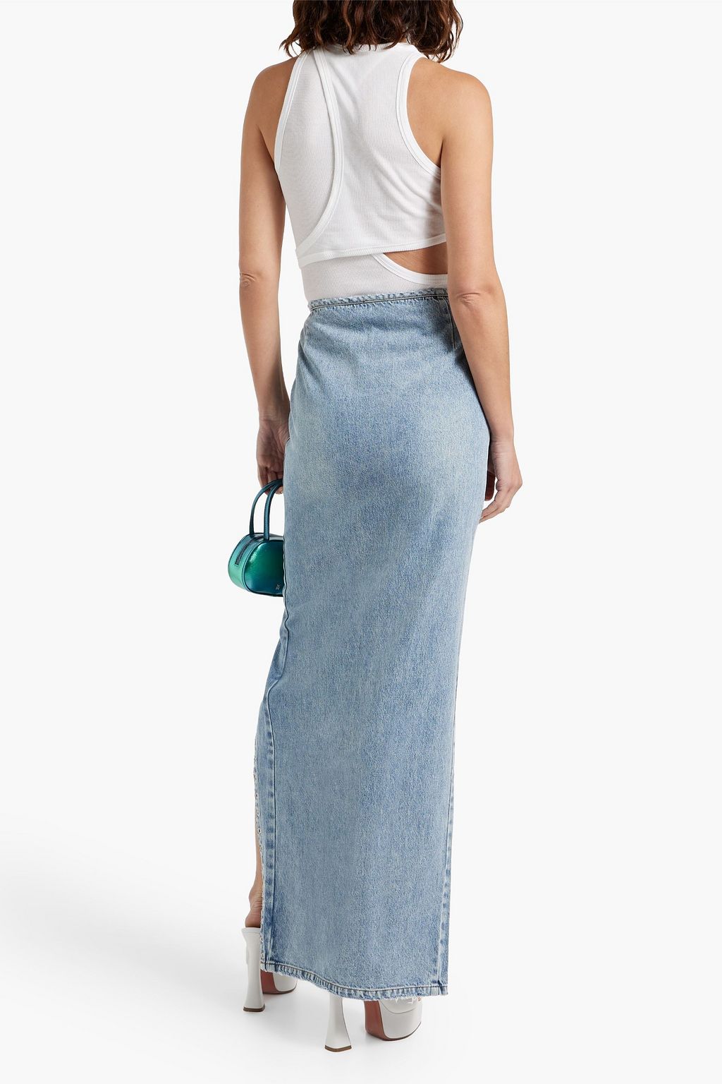 RETROFÊTE Zahlia lace-up denim maxi skirt