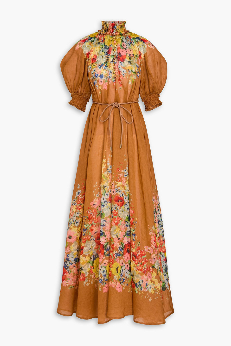 Zimmermann Floral-print Ramie And Gauze Maxi Dress In Light Brown