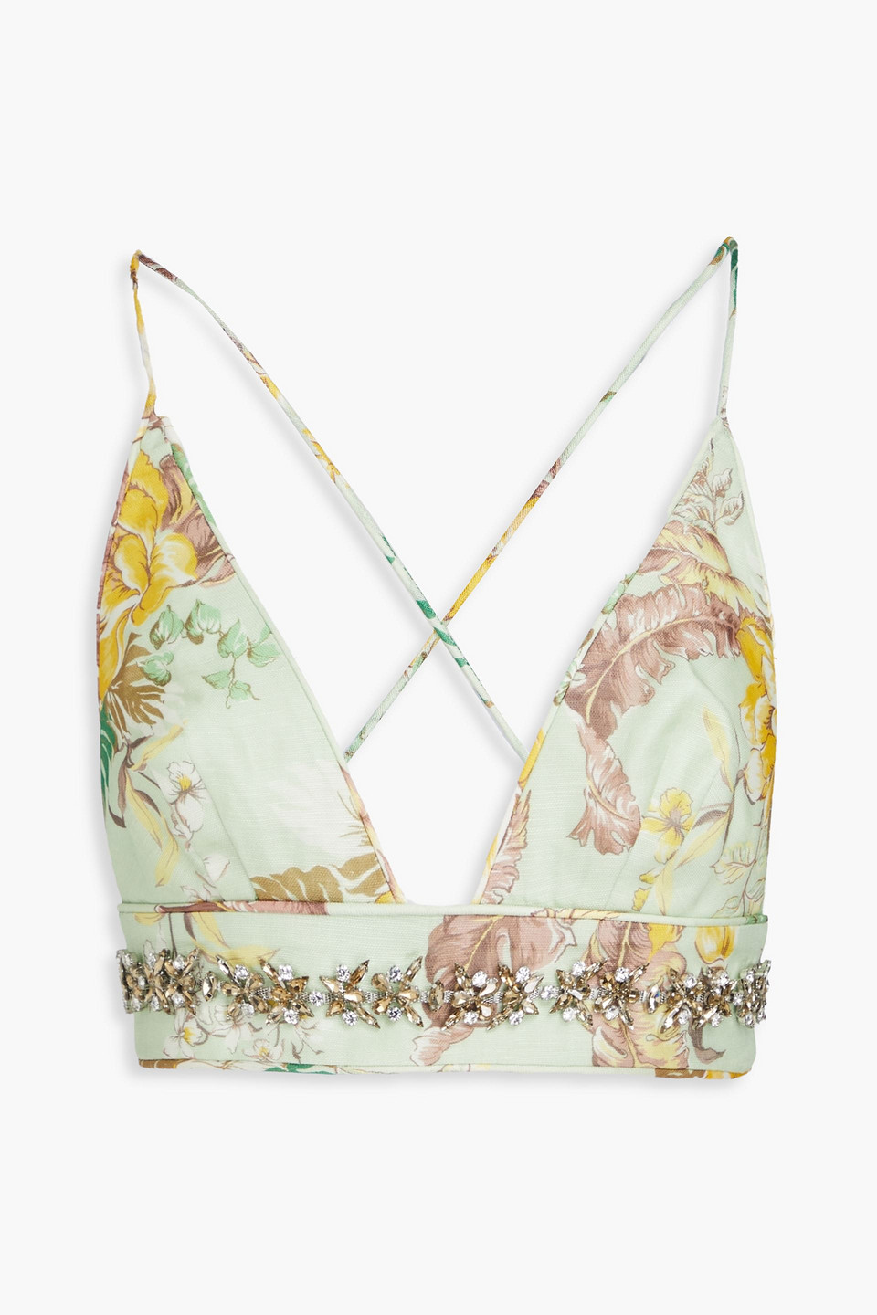 zimmermann - crystal-embellished floral-print linen and silk-blend bra top - green - 00