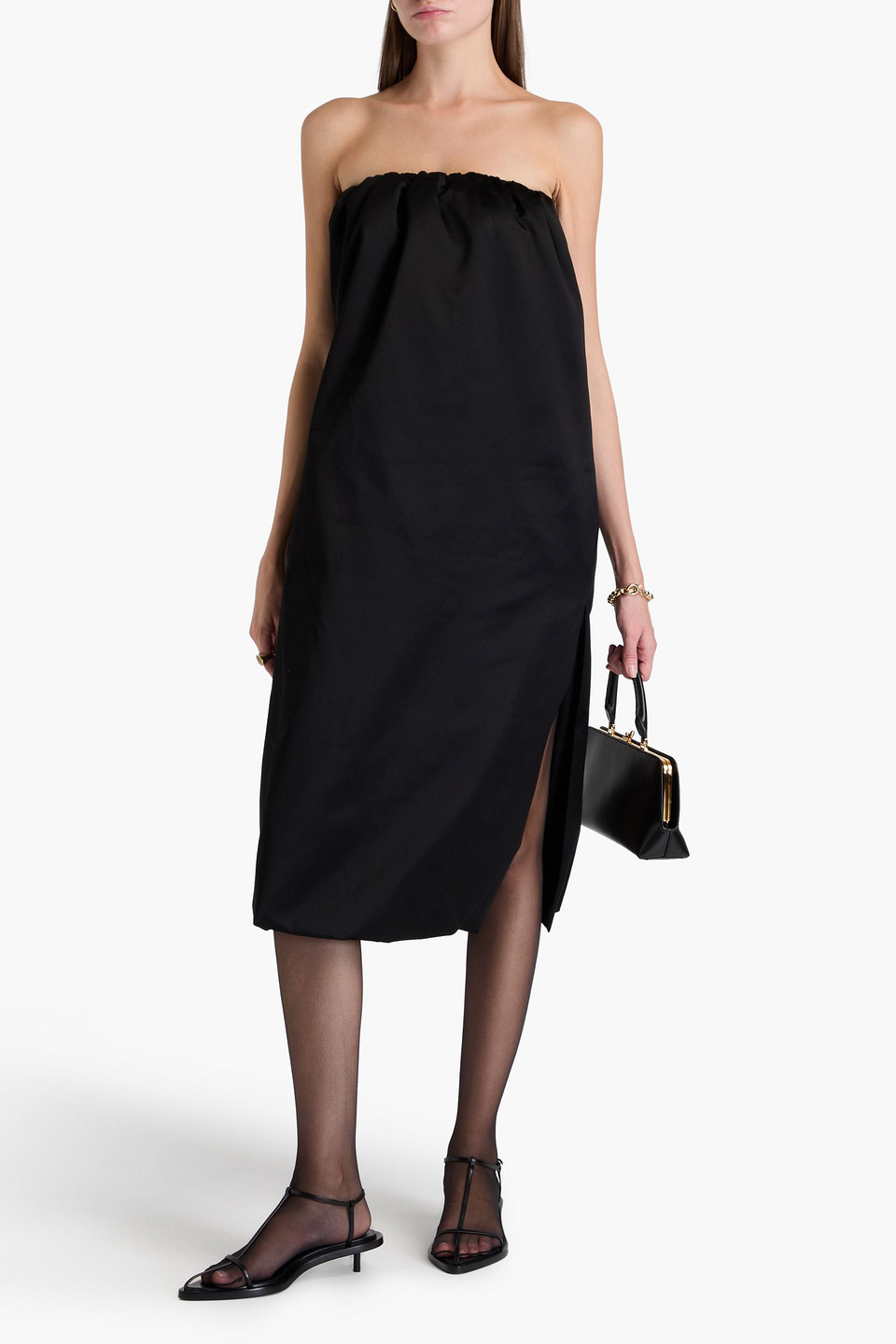 Khaite Strapless Cotton-blend Duchesse-satin Midi Dress In Black