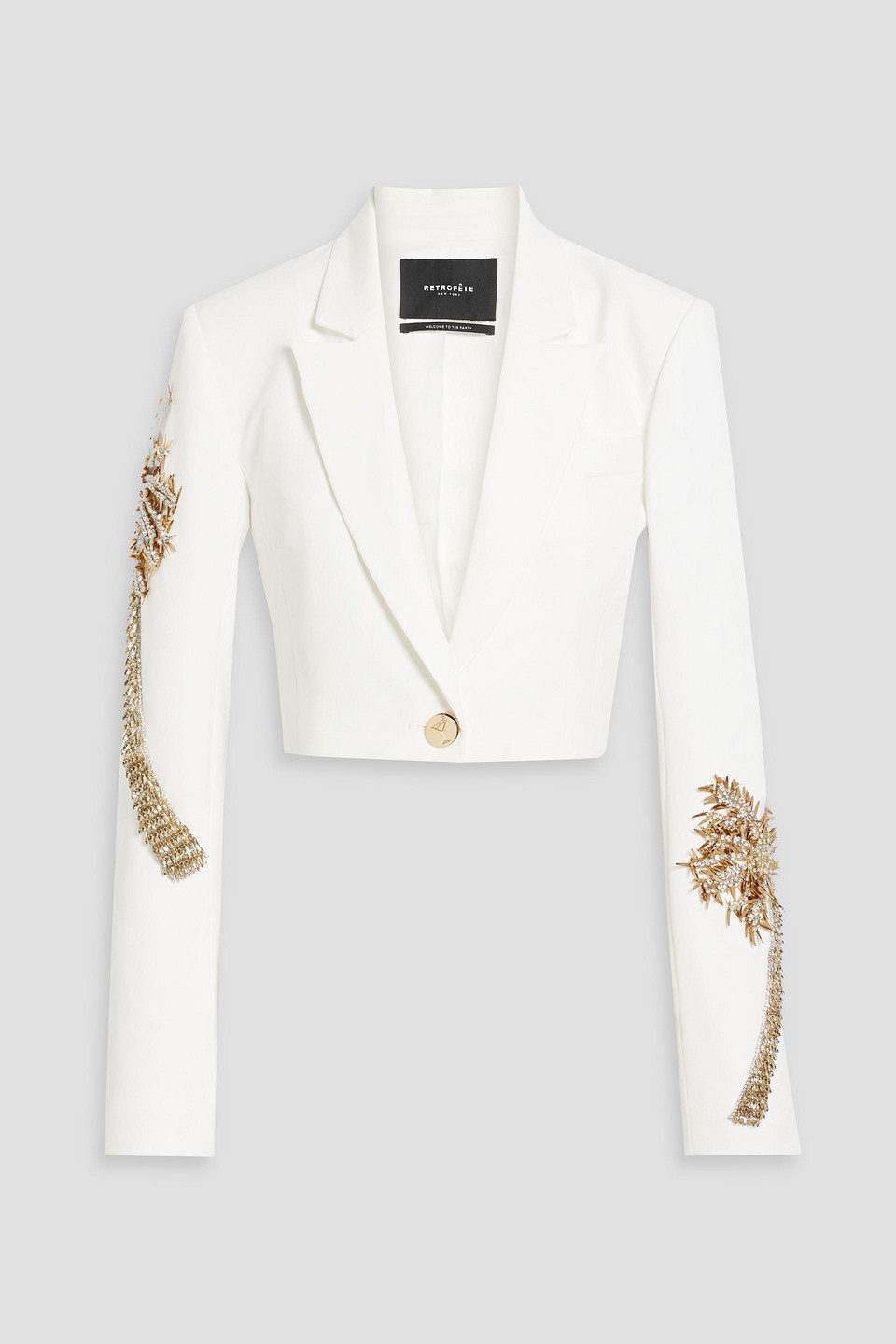 Retroféte Palazza Cropped Embellished Ponte Blazer In White
