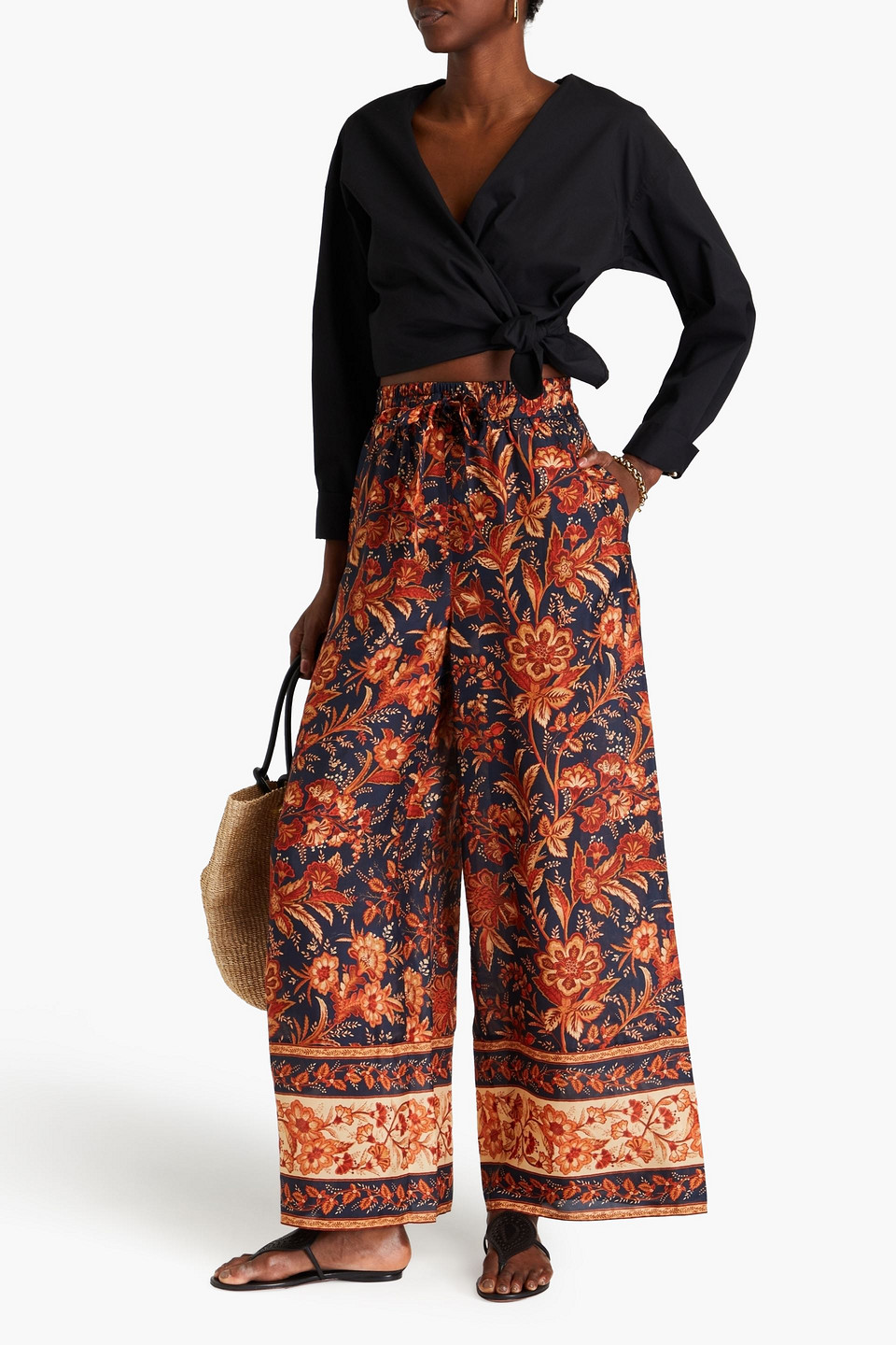 Zimmermann Floral-print Silk Wide-leg Pants In Navy