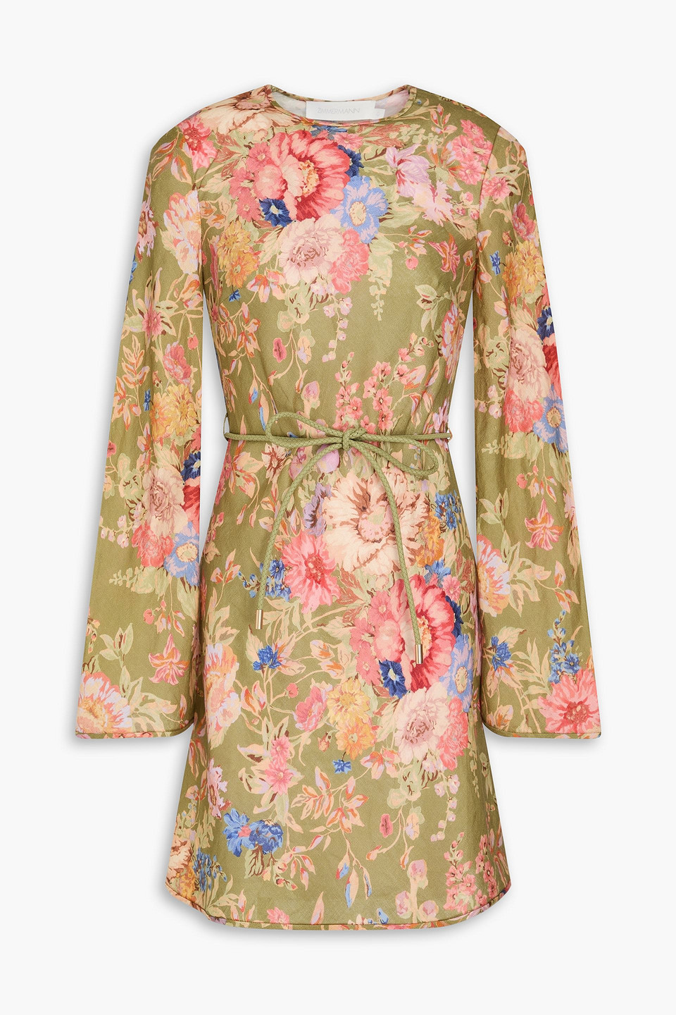 ZIMMERMANN BELTED FLORAL-PRINT LINEN MINI DRESS