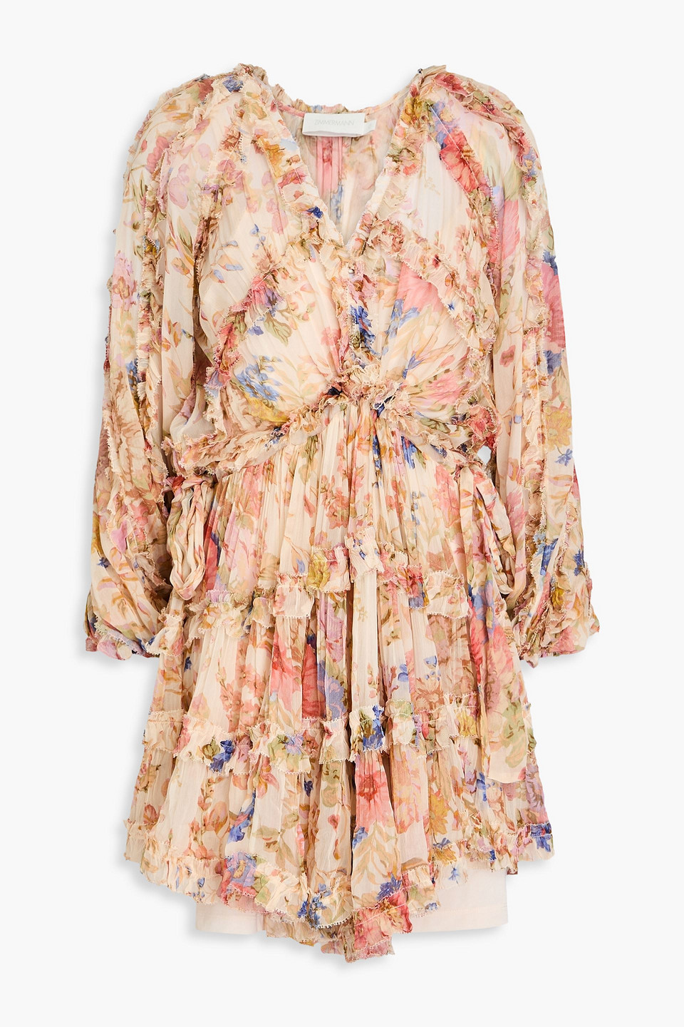 Zimmermann Tiered Floral-print Crepon Mini Dress In Cream