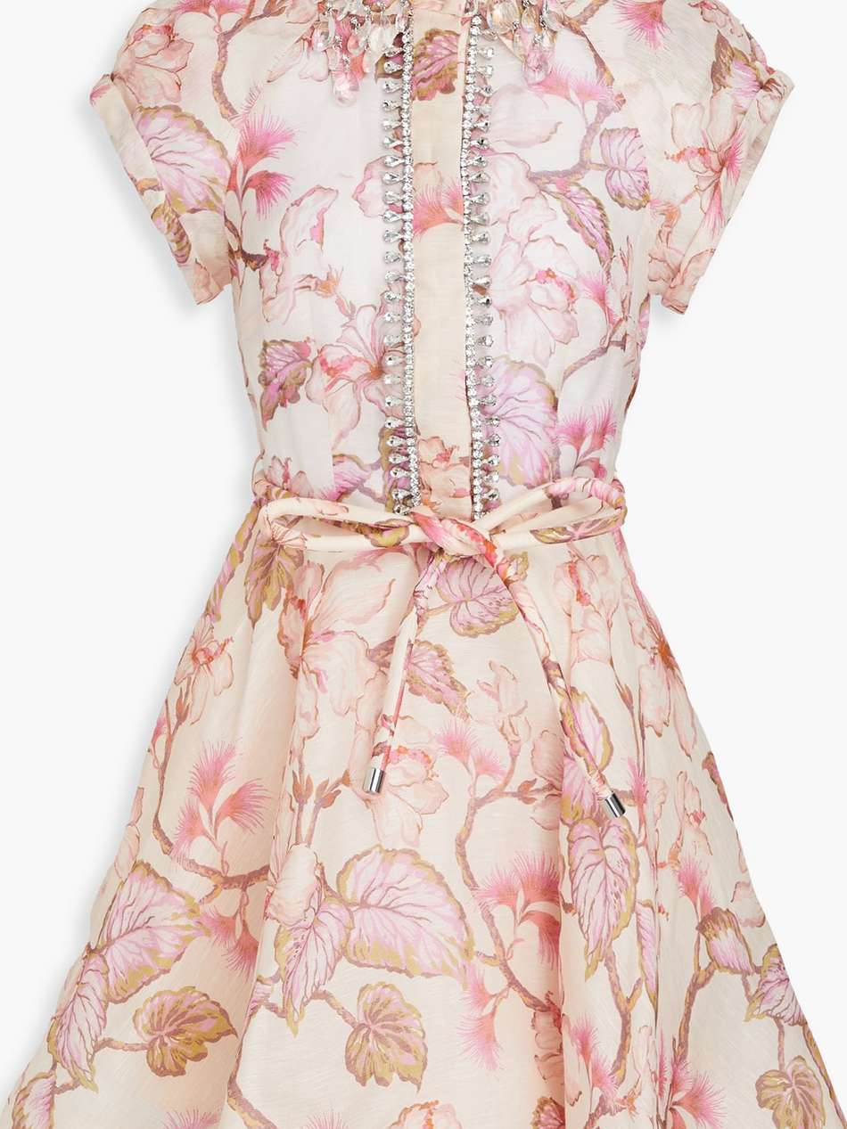 crystal-embellished floral-print linen and silk-blend gauze mini dress