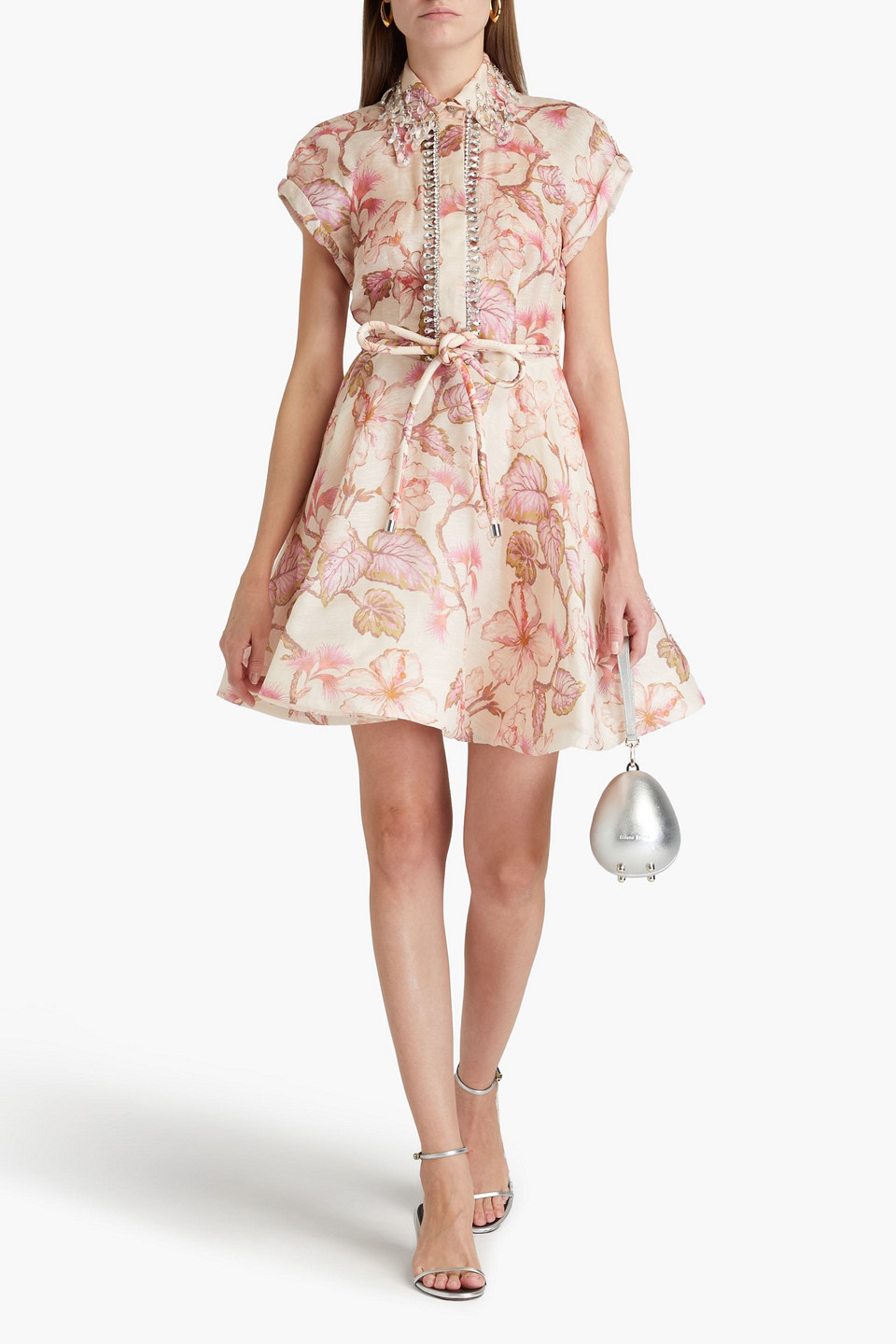 Zimmermann Matchmaker Embellished Floral-print Linen And Silk-blend Mini Dress In Pastel Pink