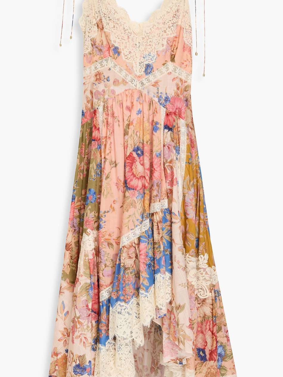 lace-trimmed floral-print cotton maxi dress