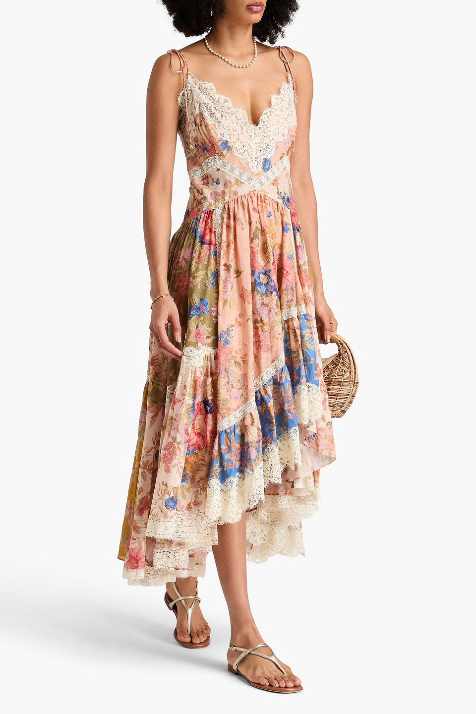 Zimmermann August Asymmetric Lace-trimmed Paisley-print Silk Midi Dress In Antique Rose