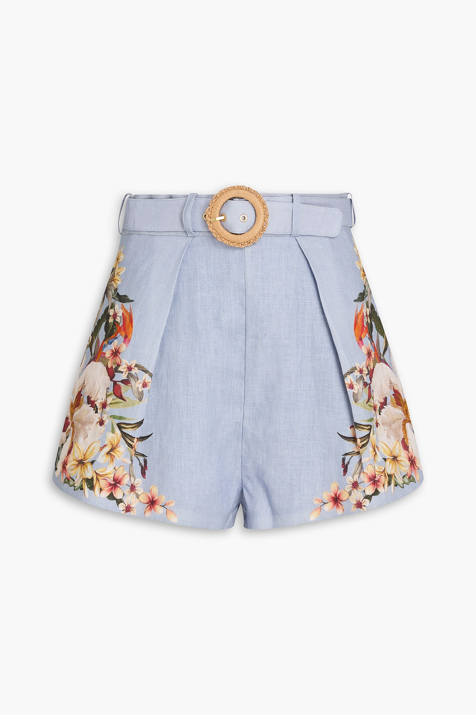 Zimmermann Belted Floral-print Linen Shorts In Blue
