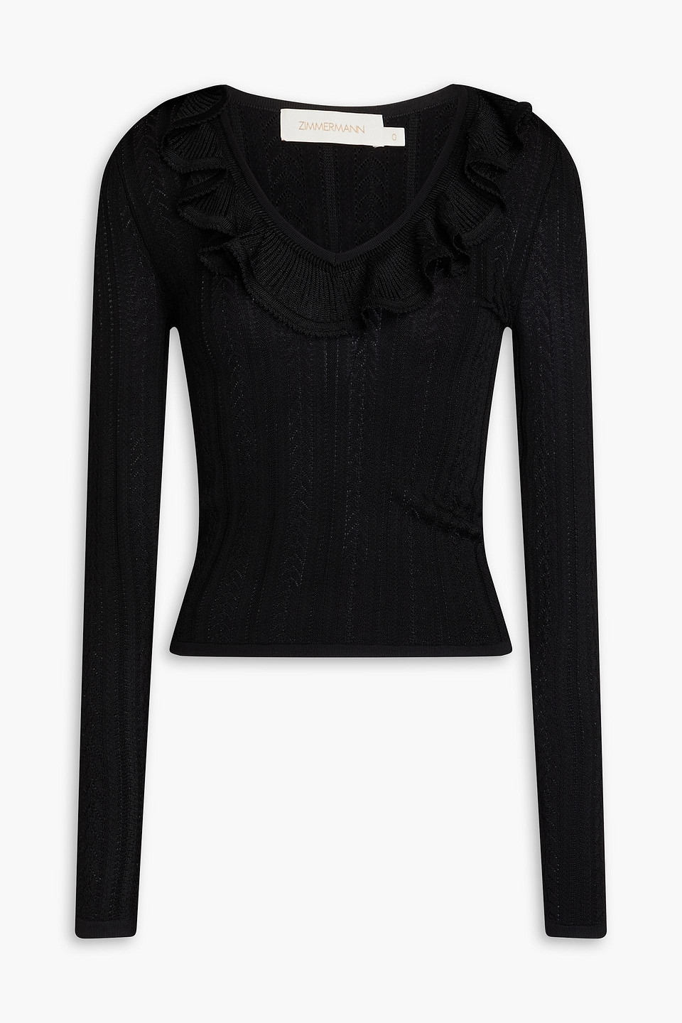 Zimmermann Ruffled Pointelle-knit Jumper In Black