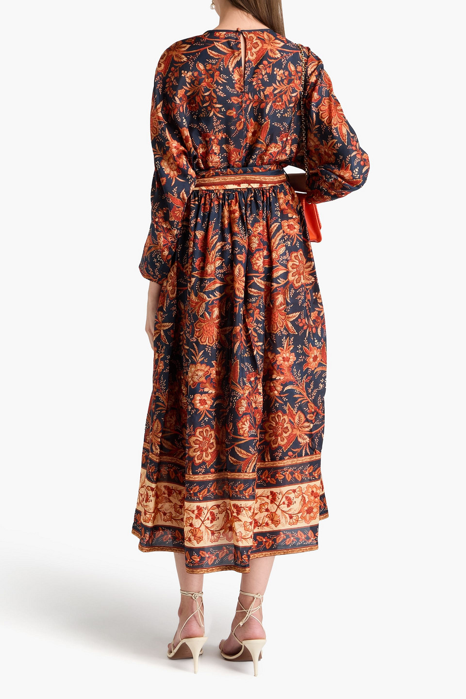 Zimmermann Belted Floral-print Silk Habotai Midi Dress In Navy