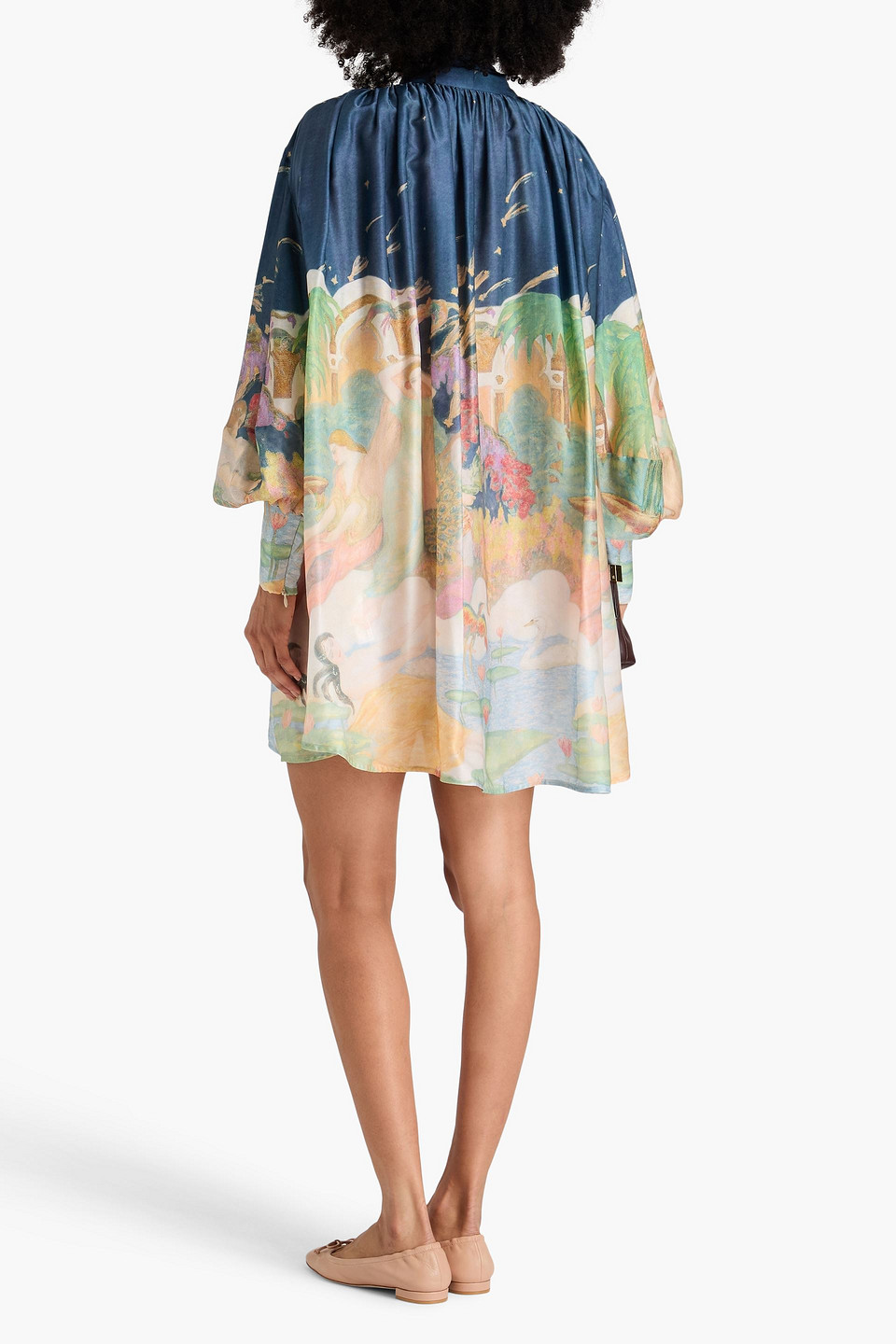 Zimmermann Pussy-bow Printed Silk-satin Mini Dress In Navy