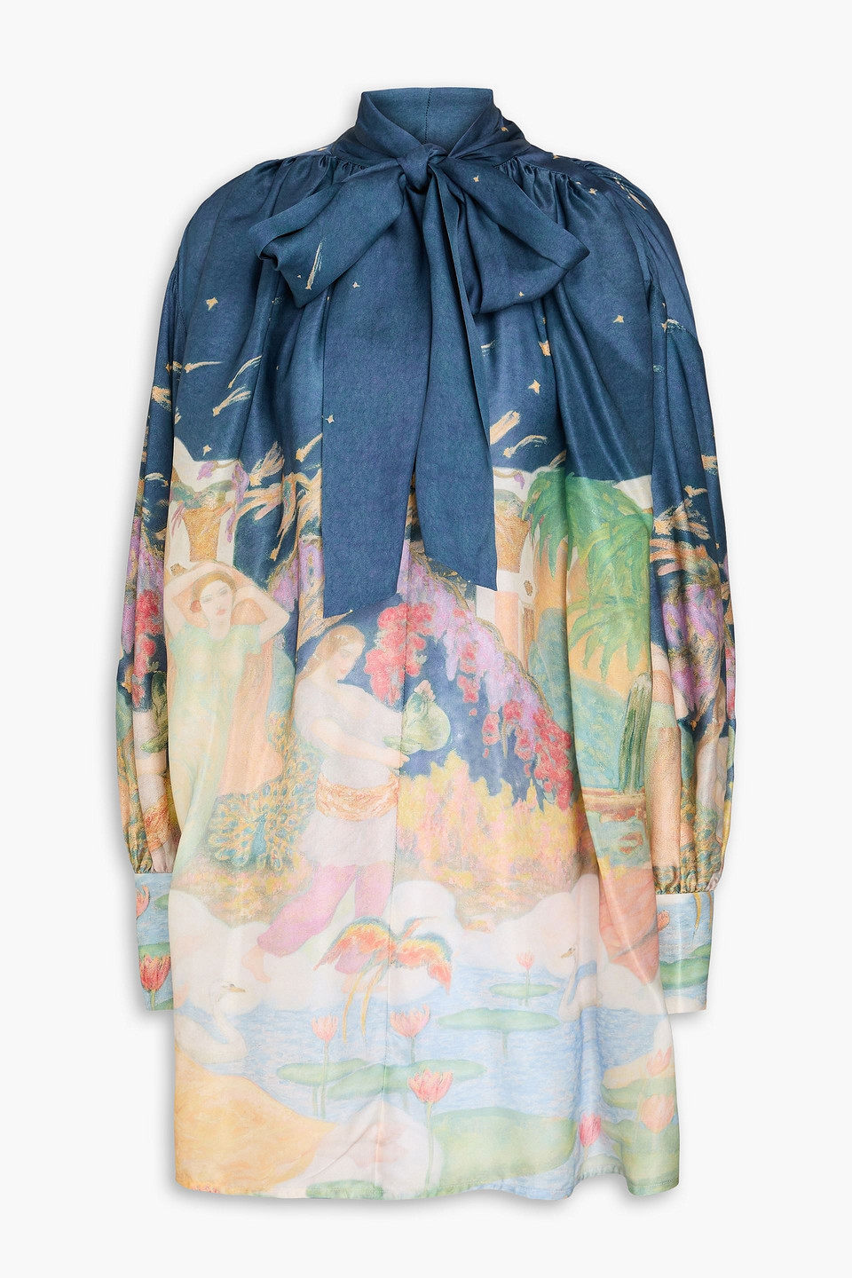 Zimmermann Pussy-bow Printed Silk-satin Mini Dress In Navy