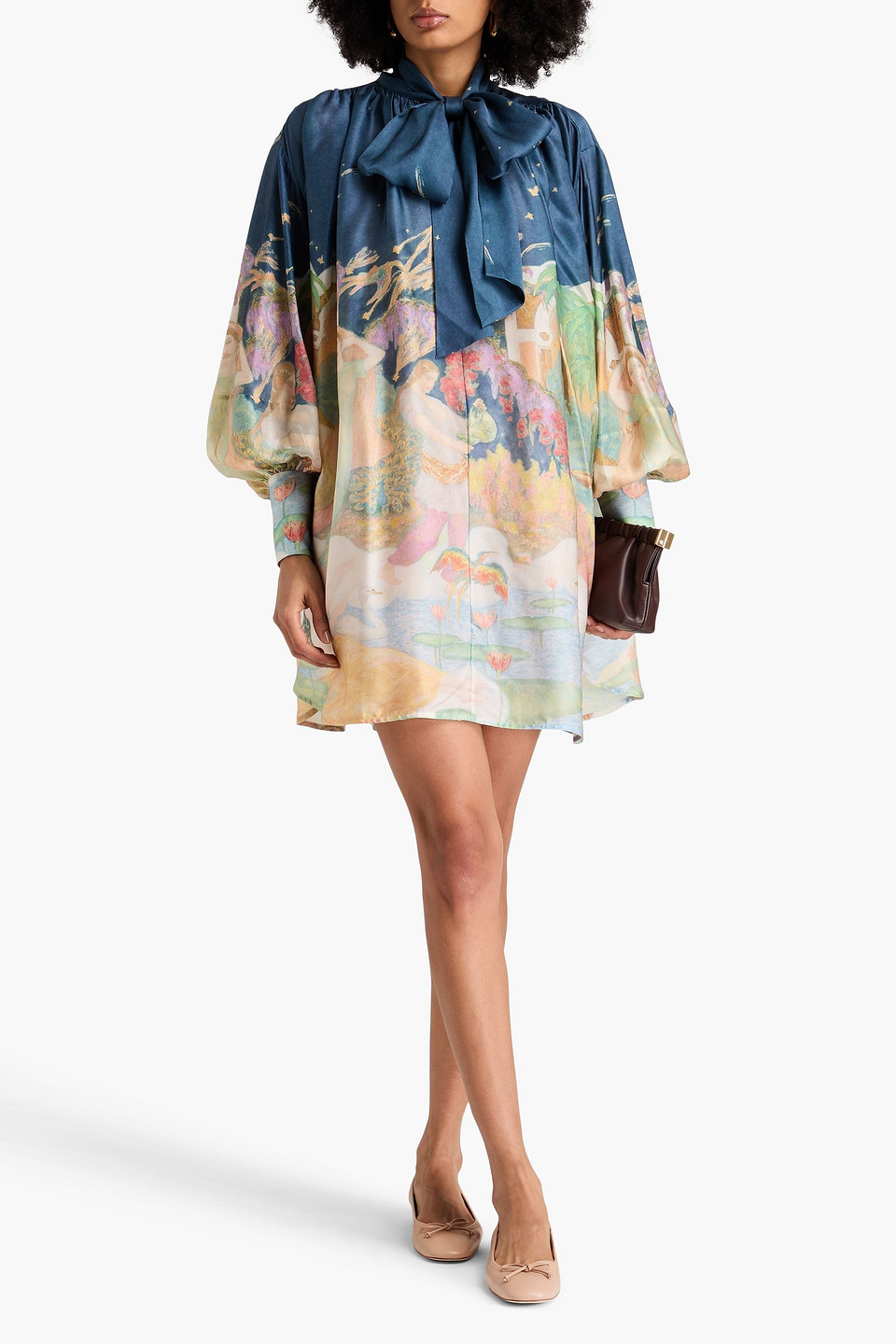 Zimmermann Pussy-bow Printed Silk-satin Mini Dress In Navy