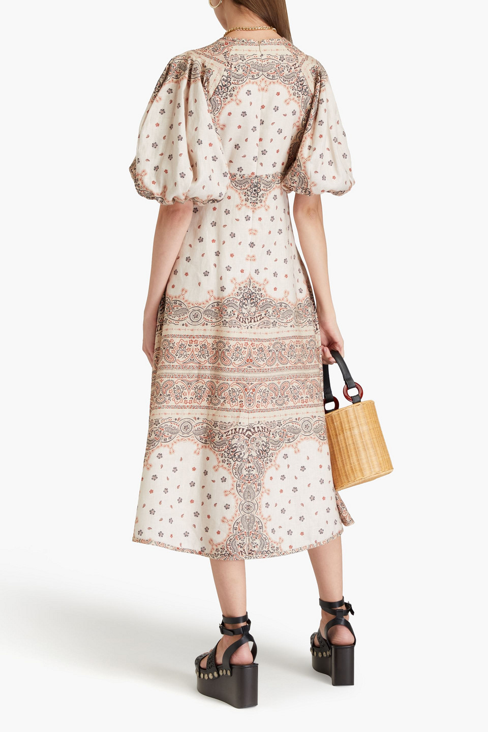 Zimmermann Paisley-print Linen Midi Dress In Beige