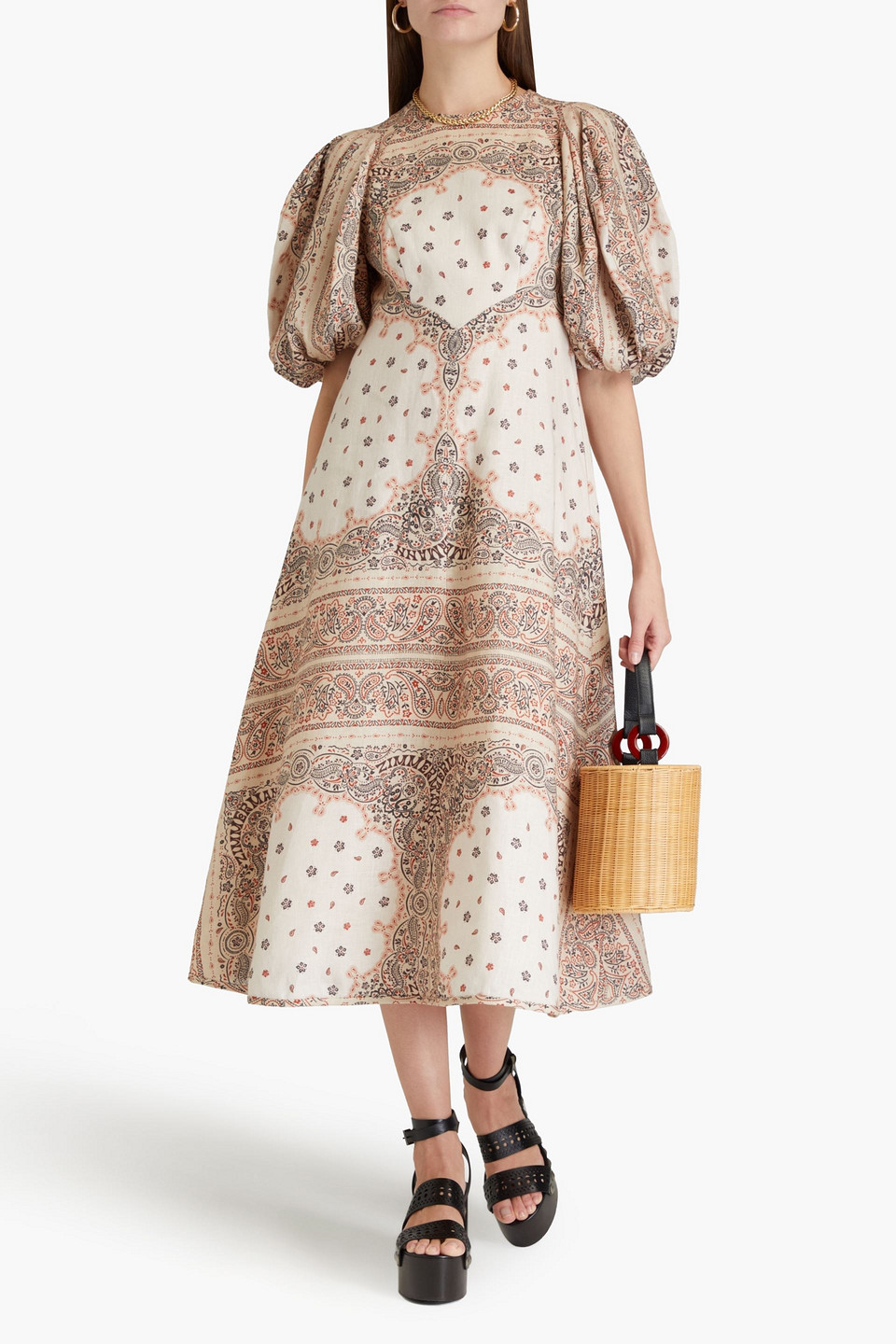 Zimmermann Paisley-print Linen Midi Dress In Beige