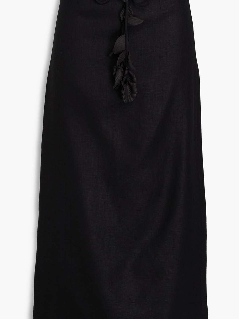 floral-appliquéd linen midi skirt