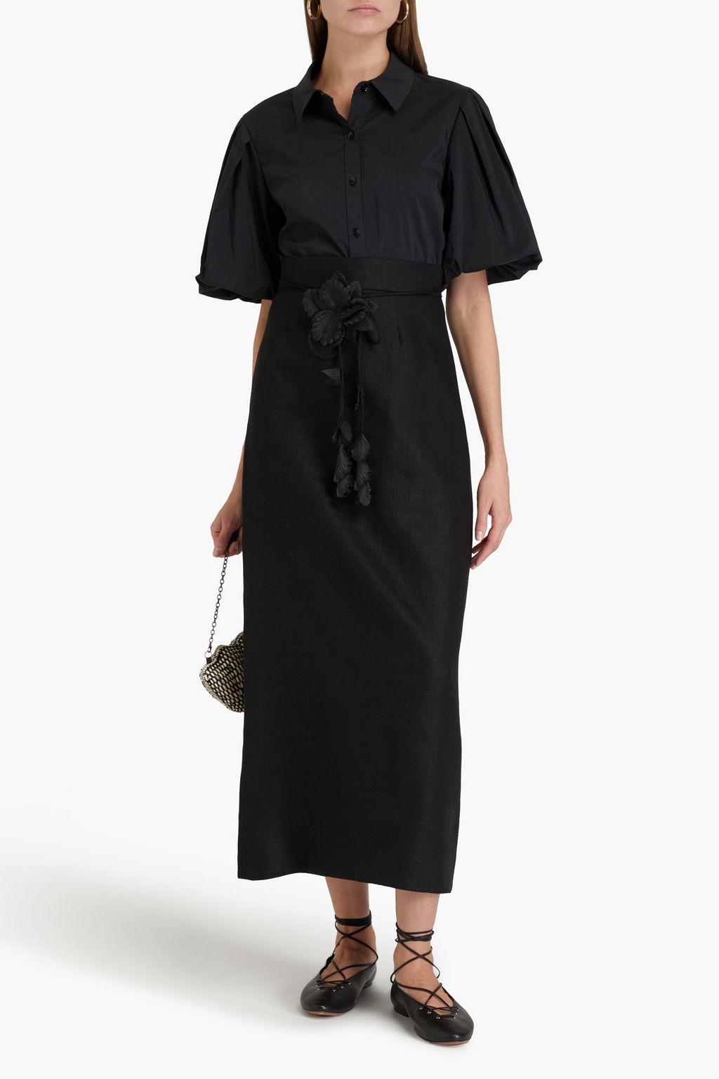 ZIMMERMANN Floral-appliquéd linen midi skirt