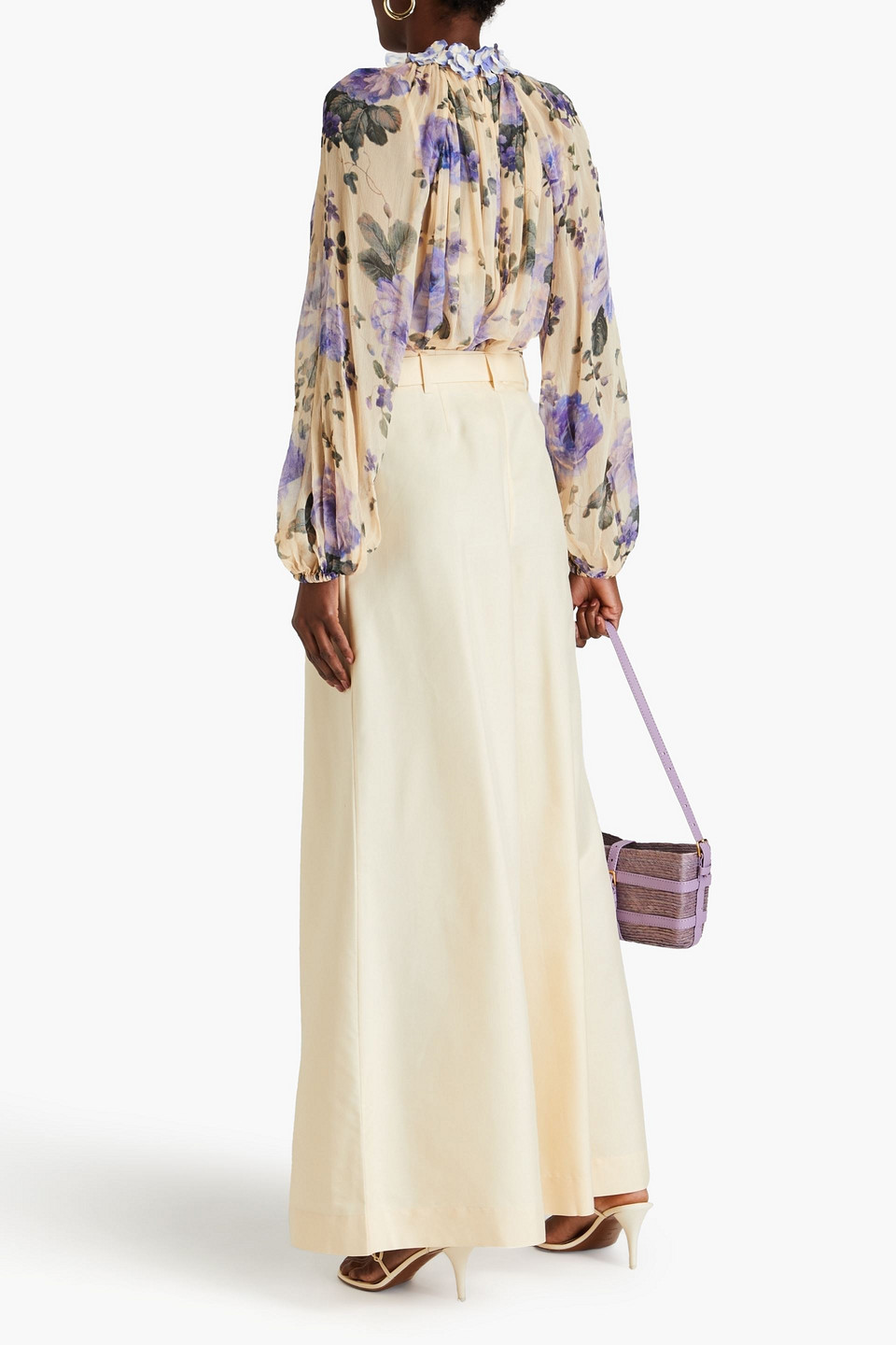 Zimmermann Embellished Floral-print Silk-crepon Blouse In Sand
