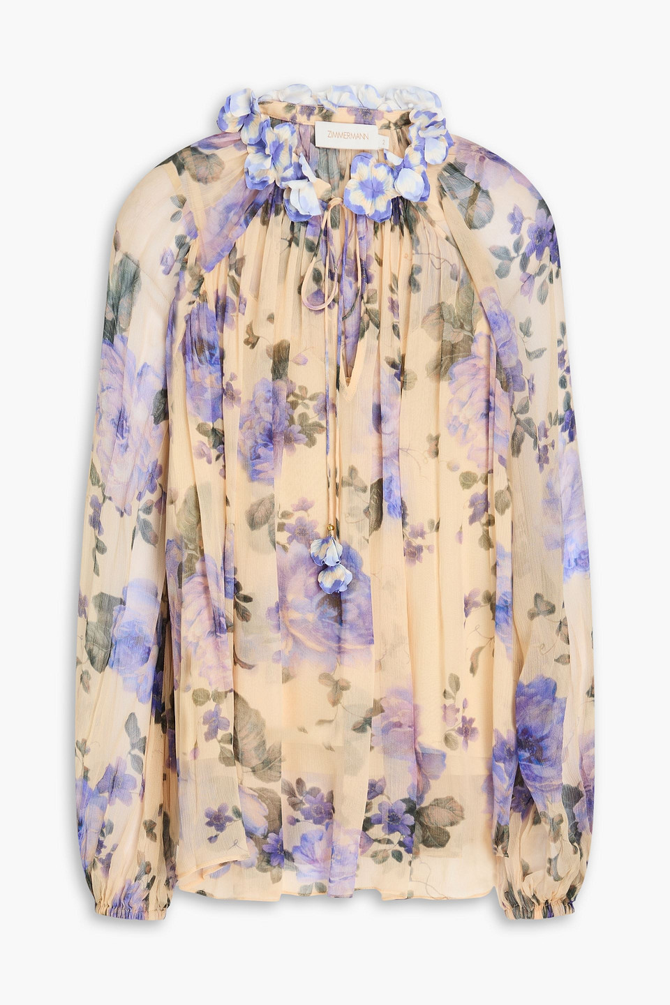 Zimmermann Embellished Floral-print Silk-crepon Blouse In Sand