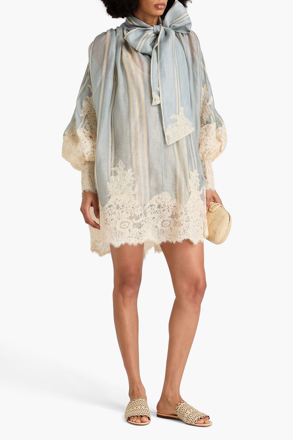ZIMMERMANN リネン&シルク混オーガンザ ミニワンピース リボンタイ ストライプ