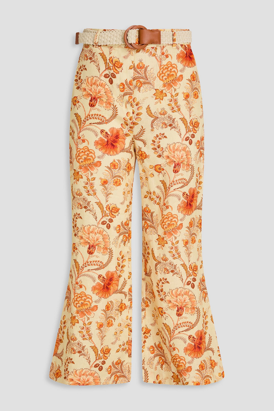 Zimmermann Cropped Belted Floral-print Linen-gauze Flared Pants In Multi