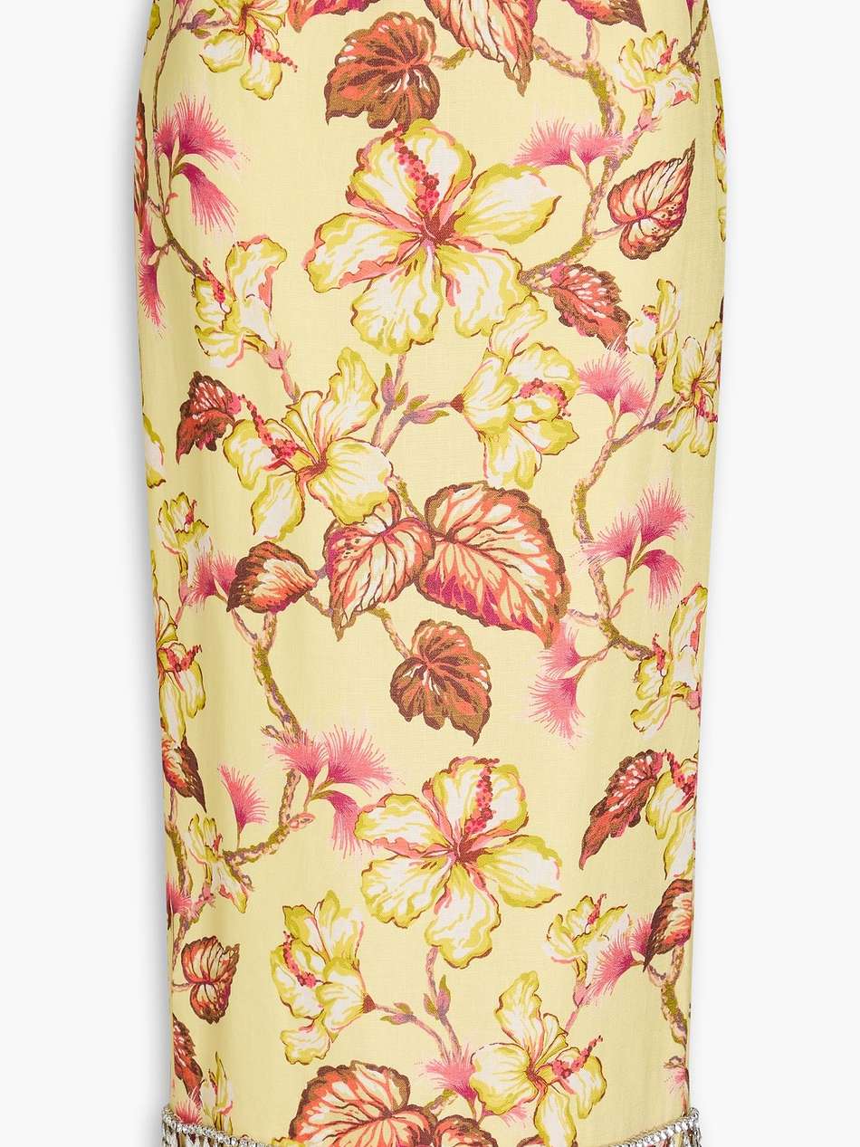 embellished floral-print linen midi pencil skirt