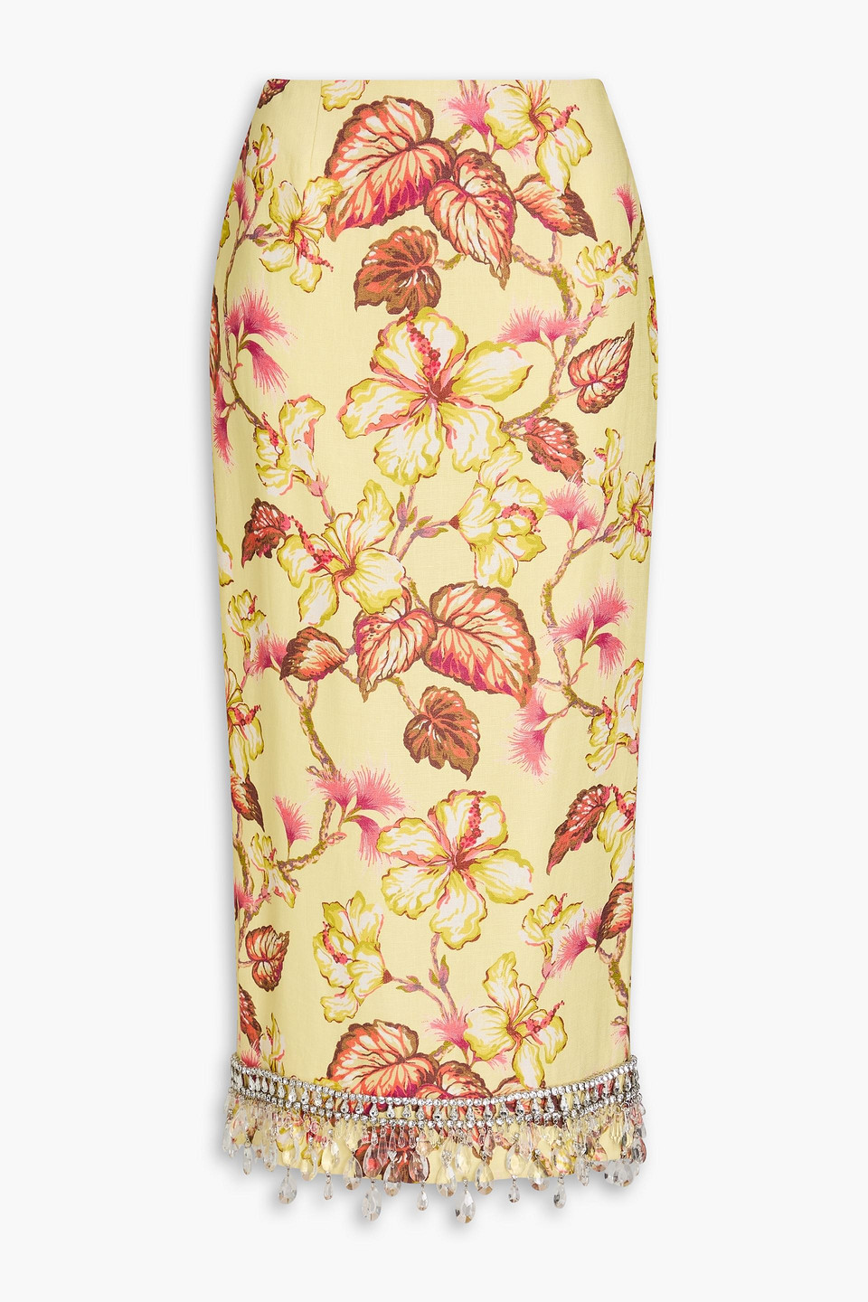 Embellished floral-print linen midi pencil skirt