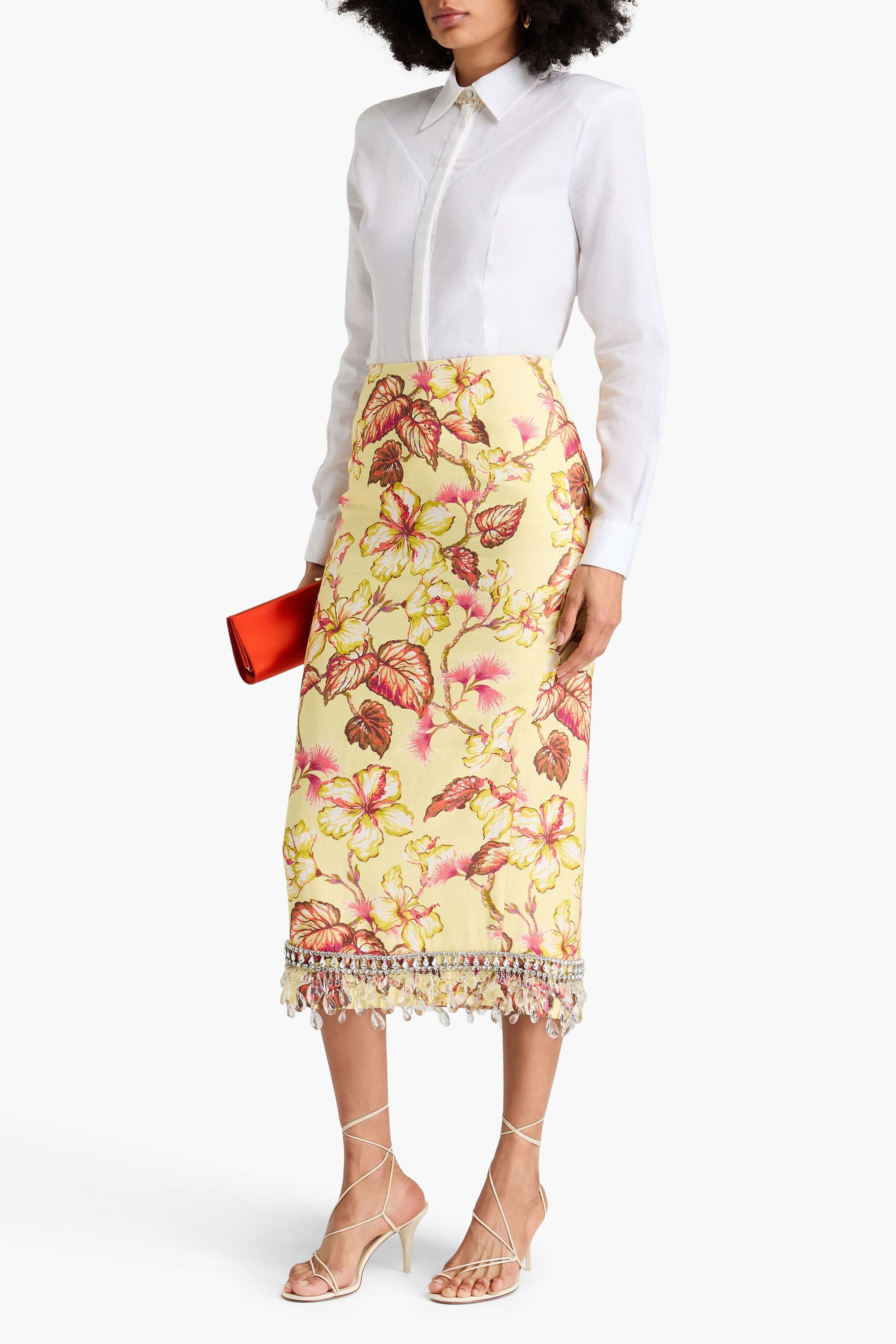 Zimmermann Embellished floral-print linen midi pencil skirt