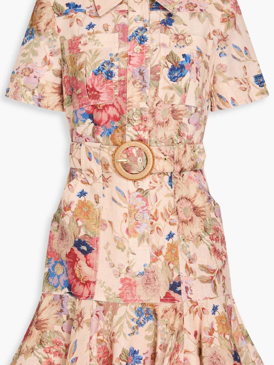 belted floral-print linen mini dress