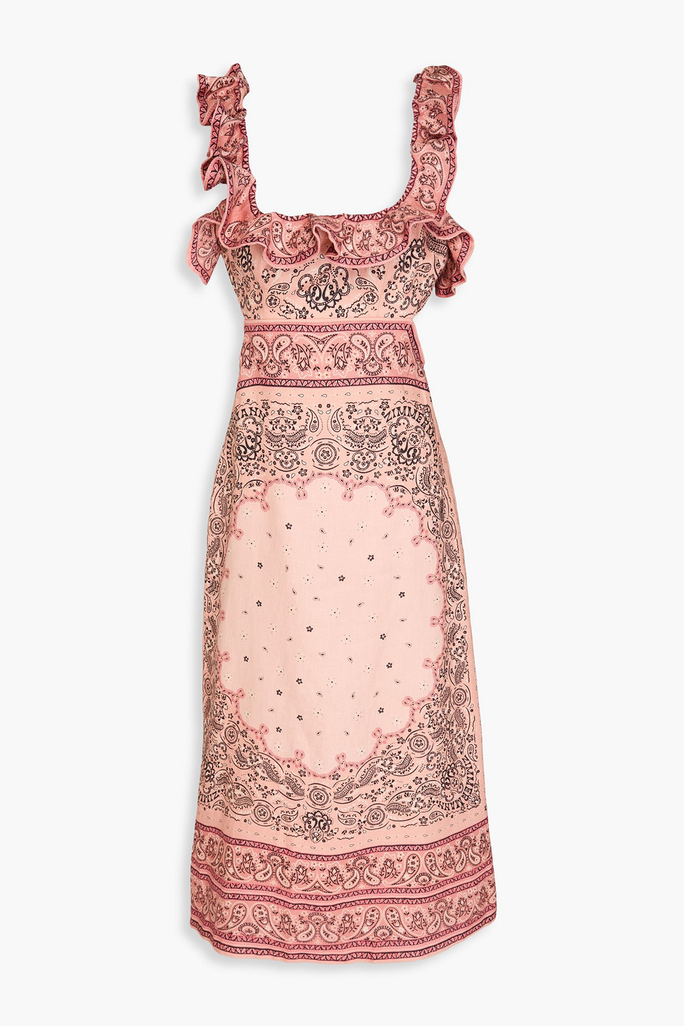 zimmermann - ruffled paisley-print linen midi dress - pink - 3