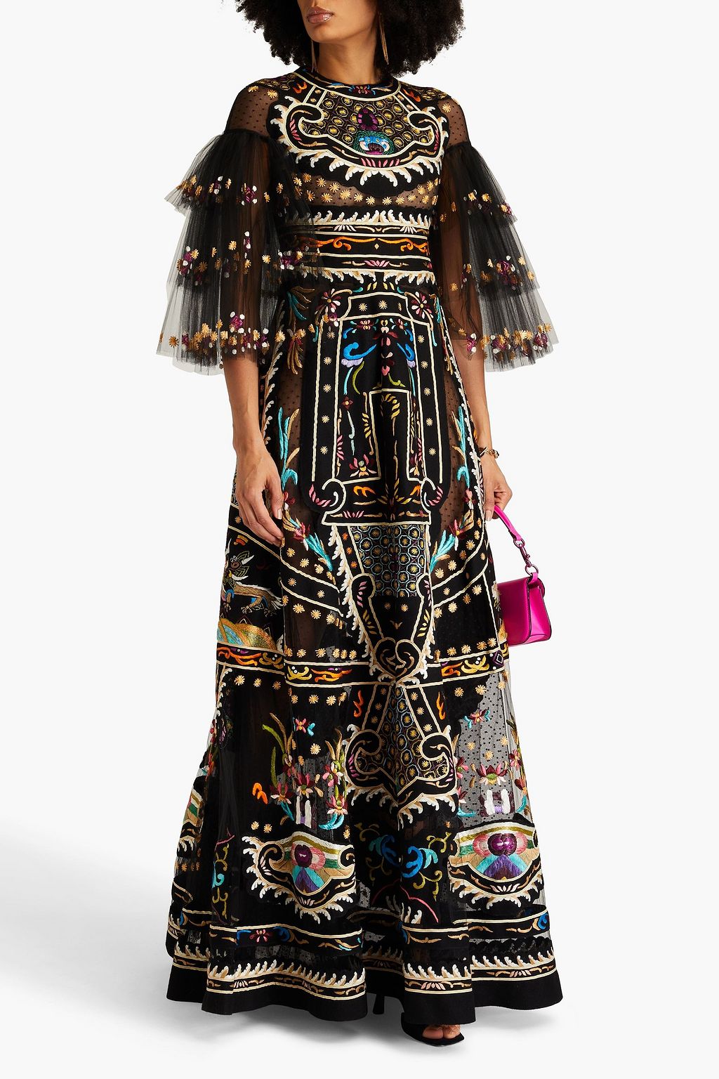 VALENTINO GARAVANI Gathered embroidered felt and tulle gown