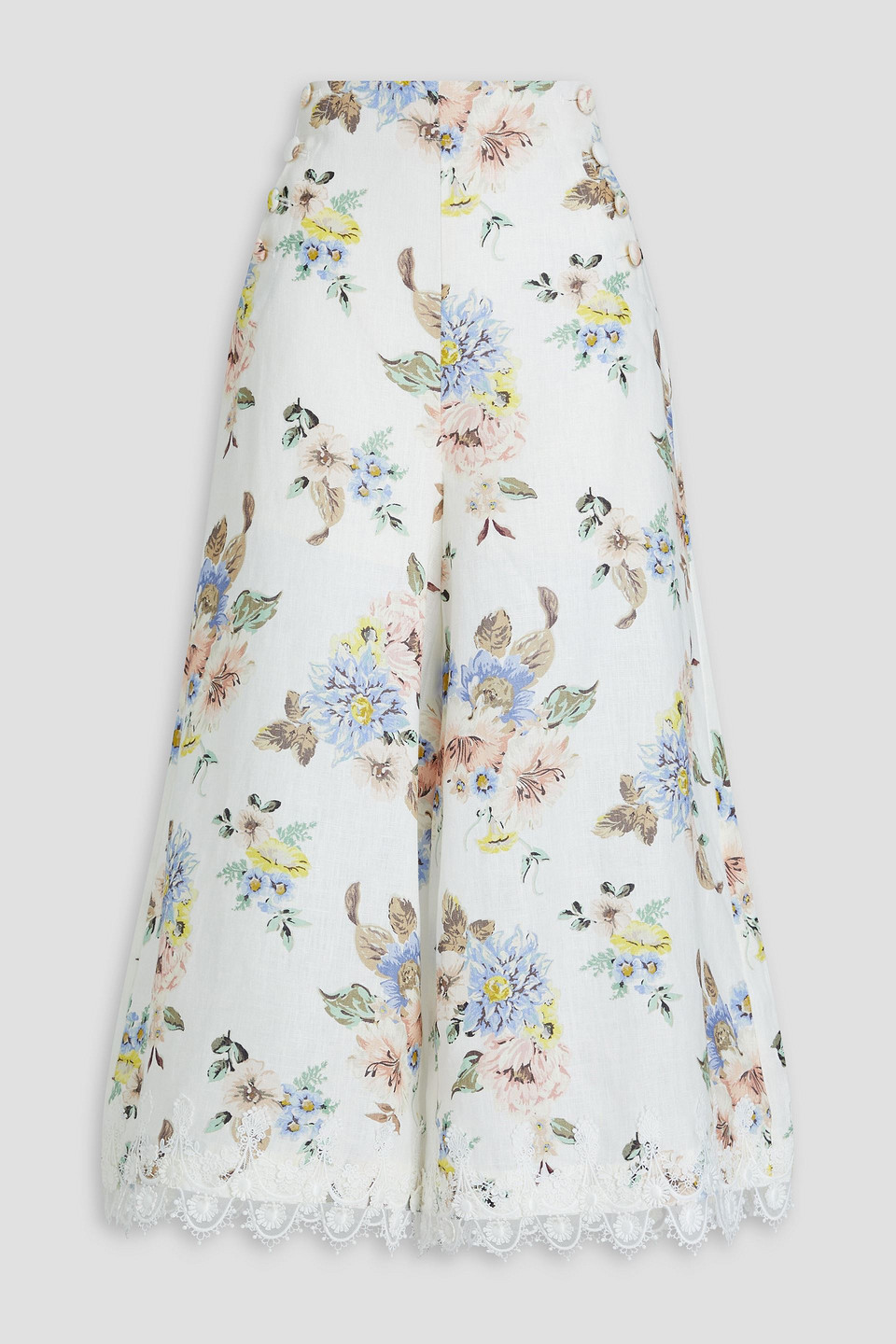 Zimmermann Culottes Aus Leinen Mit Floralem Print Und Spitzenbesatz In Multi