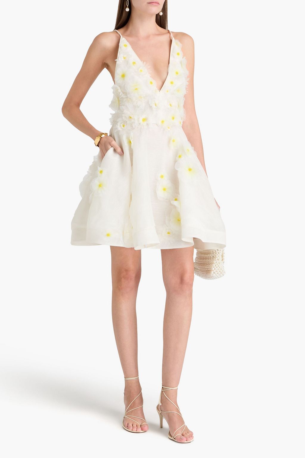 ZIMMERMANN Floral-appliquéd linen and silk-blend mini dress