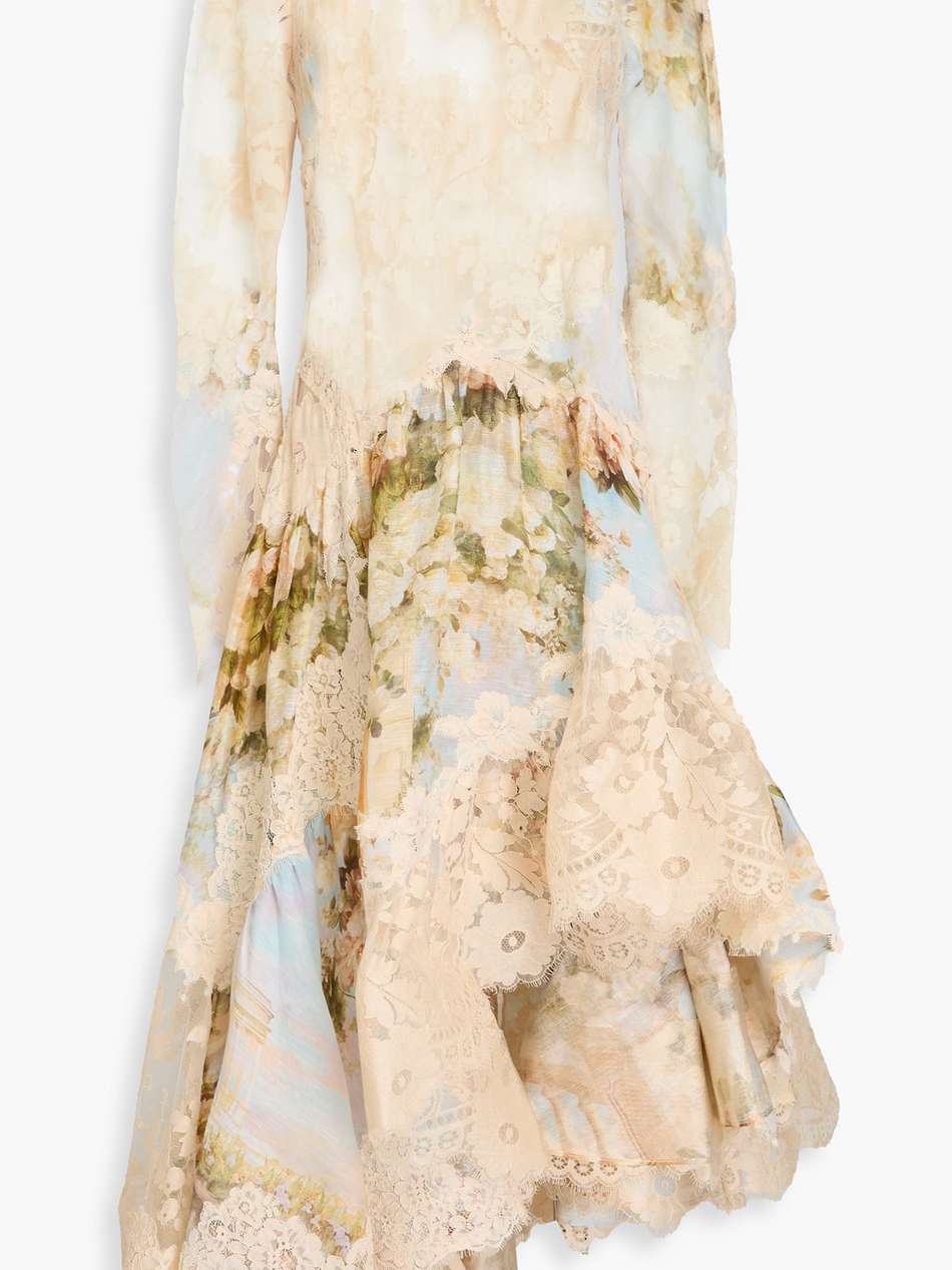 lace-paneled linen and silk-blend maxi dress