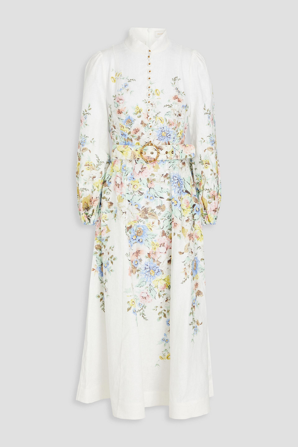 Zimmermann Matchmaker Floral Belted Linen Midi Dress In White