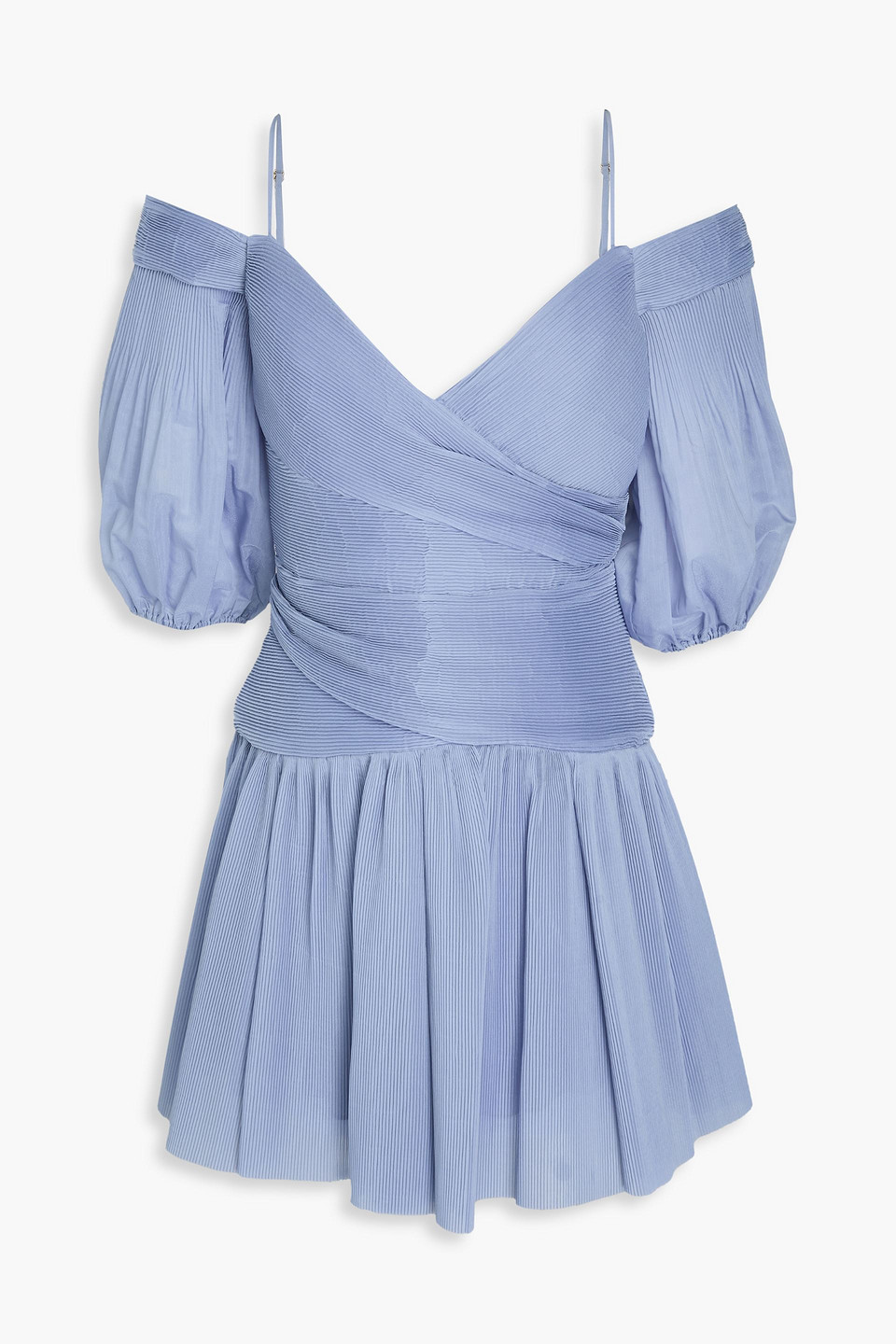 Zimmermann Cold-shoulder Plissé-organza Mini Dress In Slate Blue