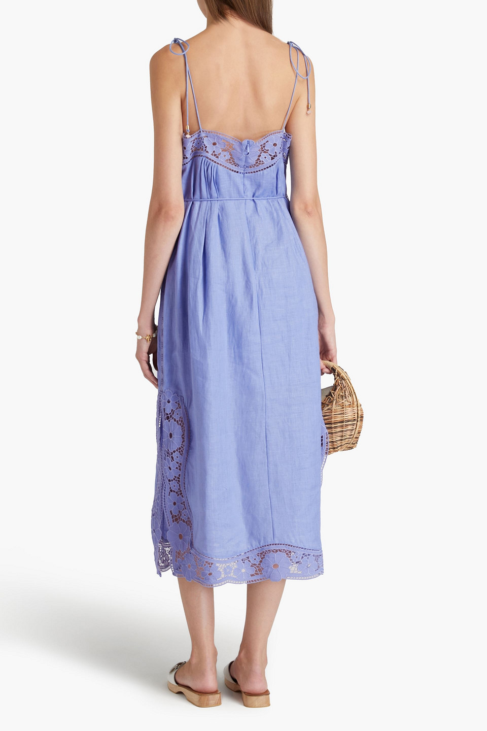 Zimmermann August Belted Broderie Anglaise-trimmed Linen Midi Dress In Light Blue