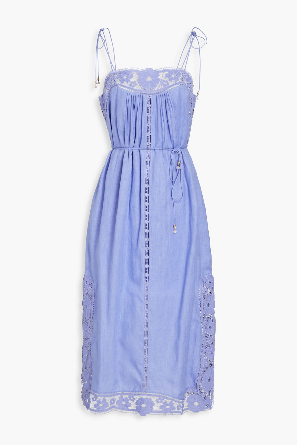 Zimmermann August Belted Broderie Anglaise-trimmed Linen Midi Dress In Light Blue
