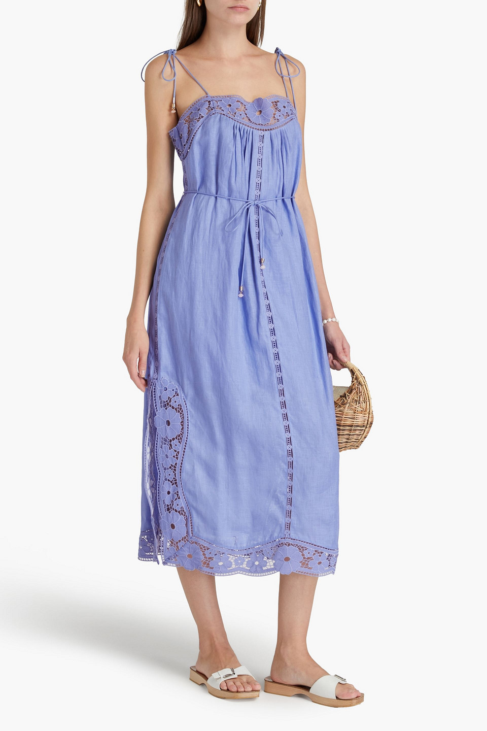 Zimmermann August Belted Broderie Anglaise-trimmed Linen Midi Dress In Light Blue