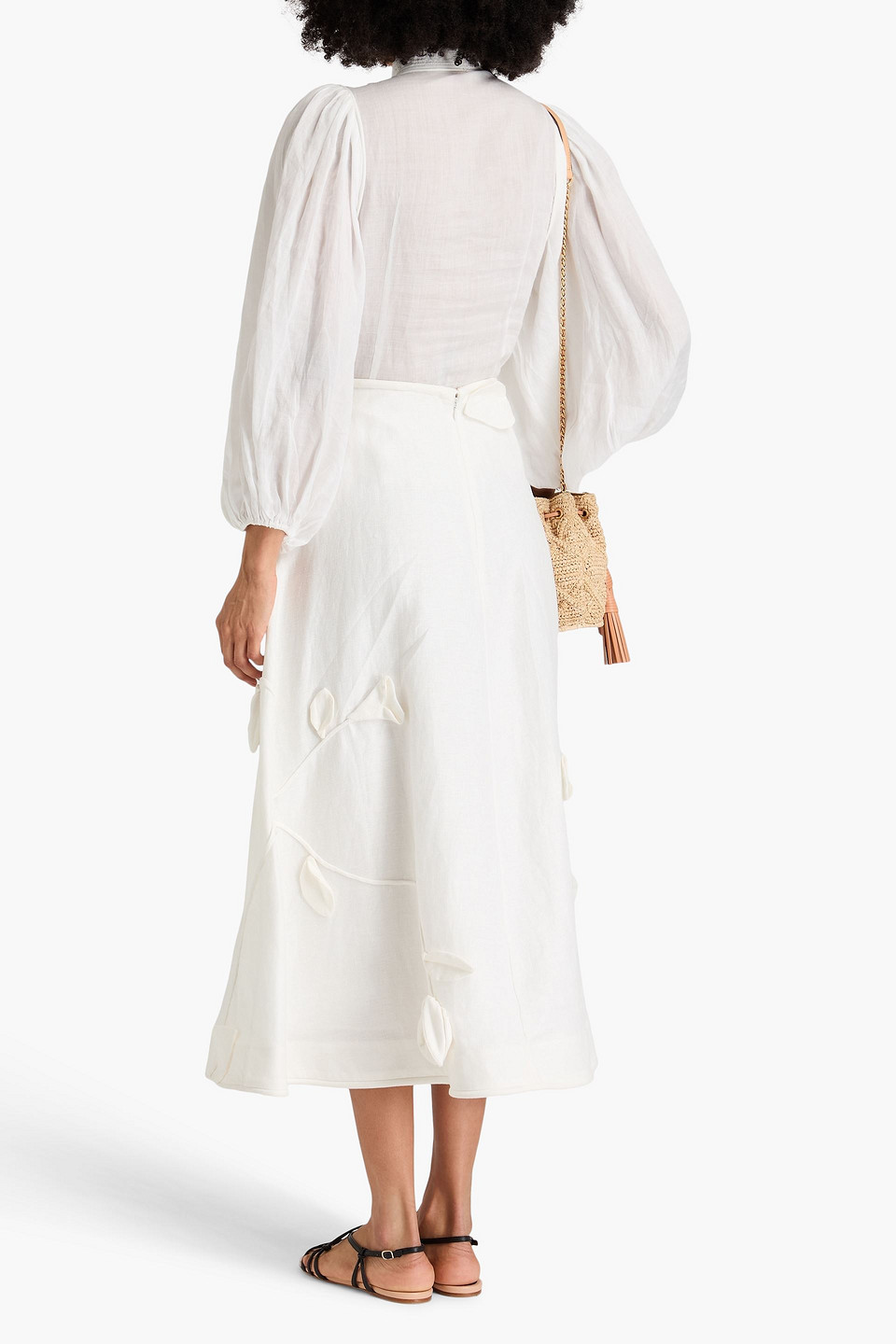 Zimmermann Floral-appliquéd Linen Midi Skirt In Ivory