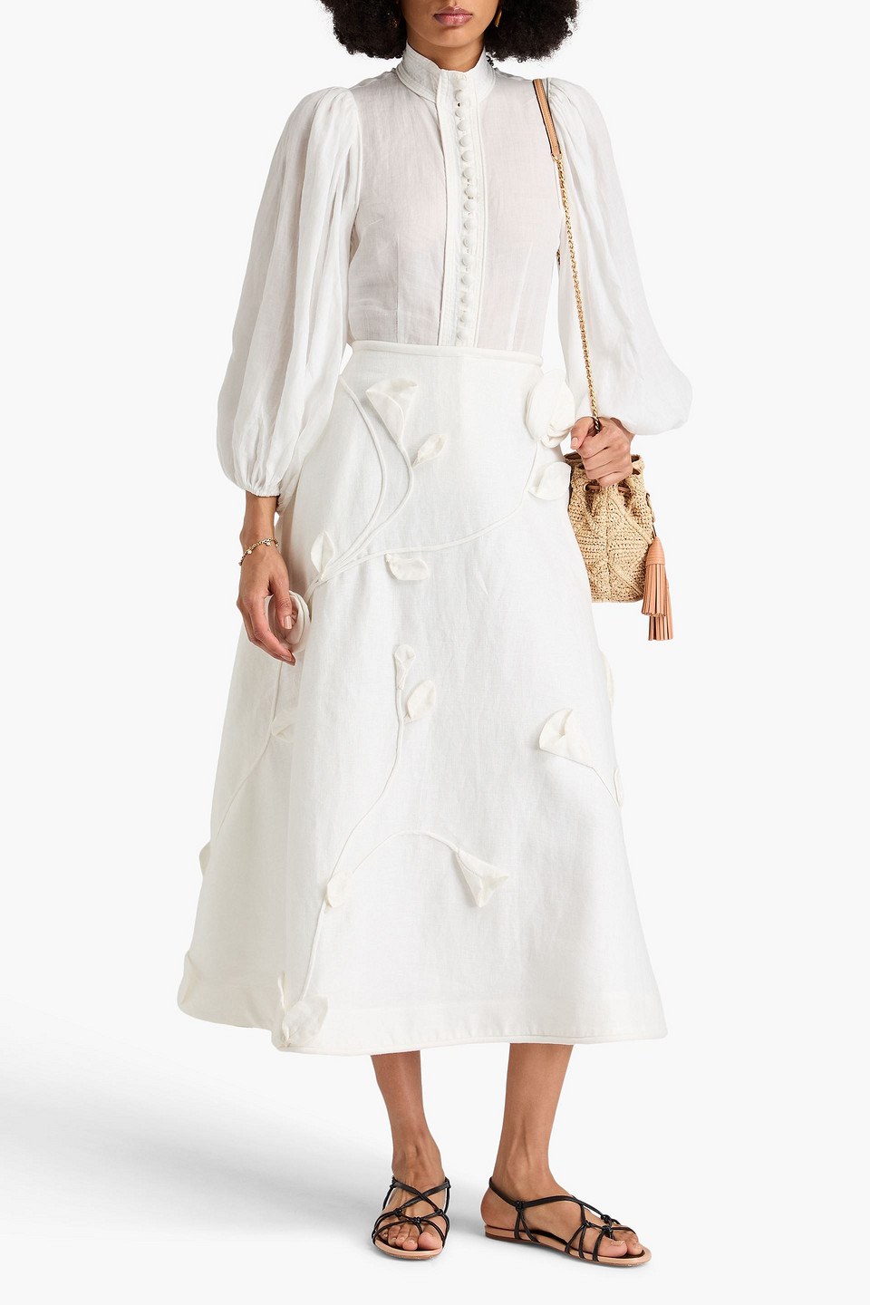 Zimmermann Floral-appliquéd Linen Midi Skirt In Ivory