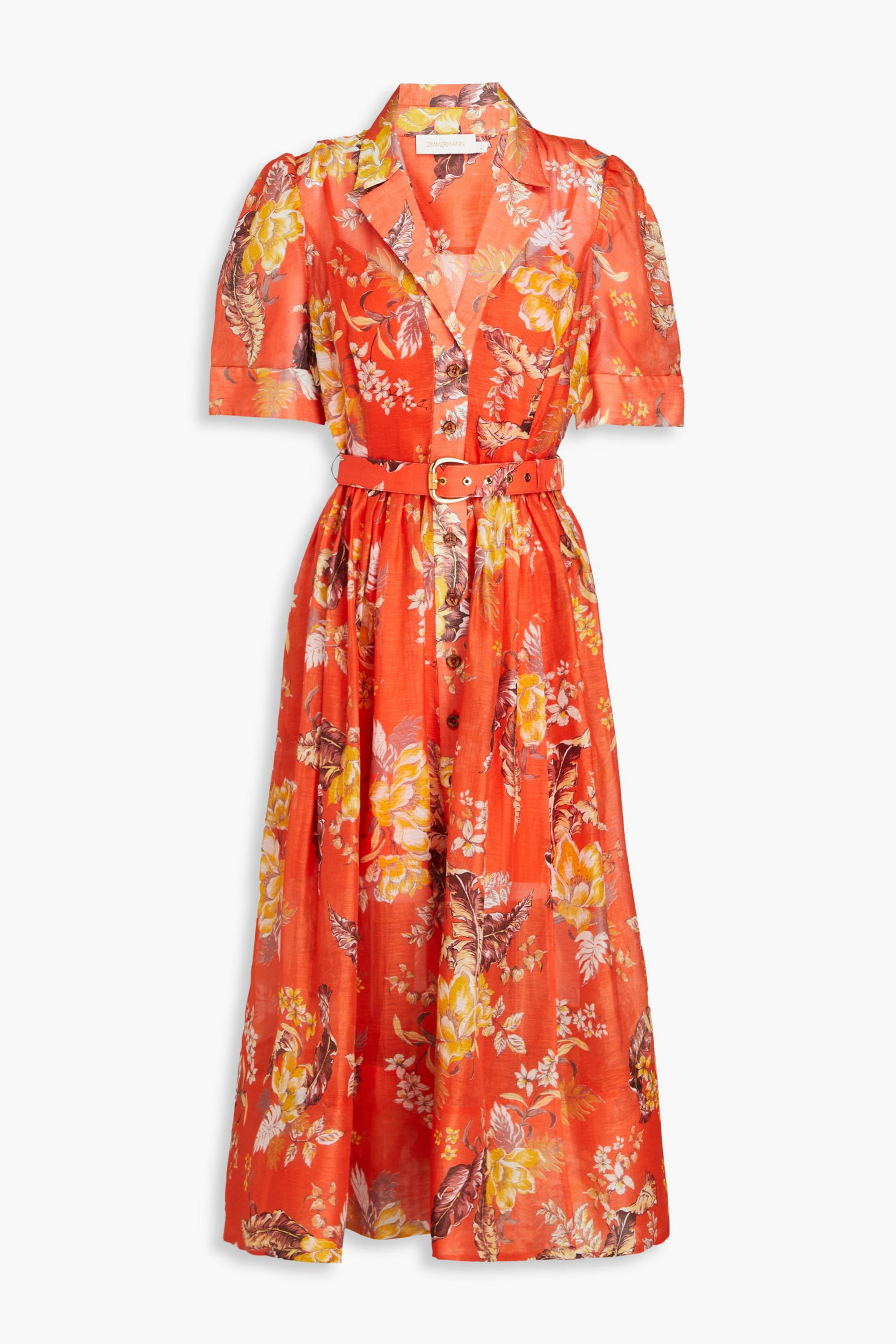 Zimmermann Belted floral-print linen and silk-blend gauze midi shirt dress