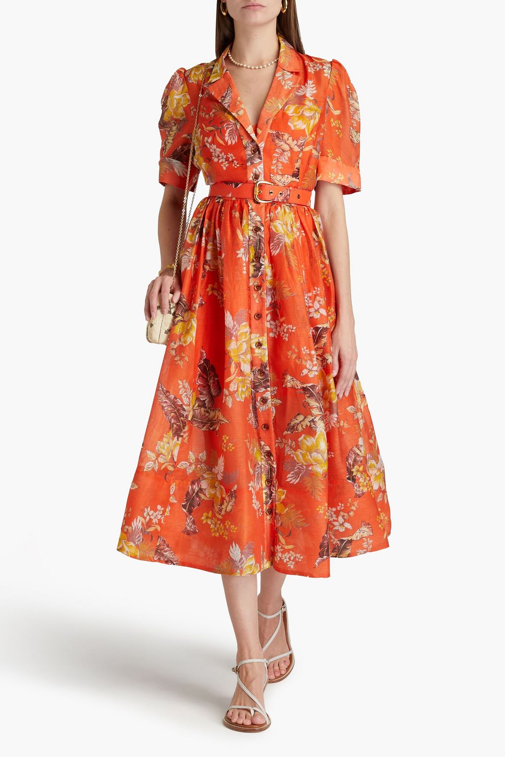 ZIMMERMANN Belted floral-print linen and silk-blend gauze midi shirt dress