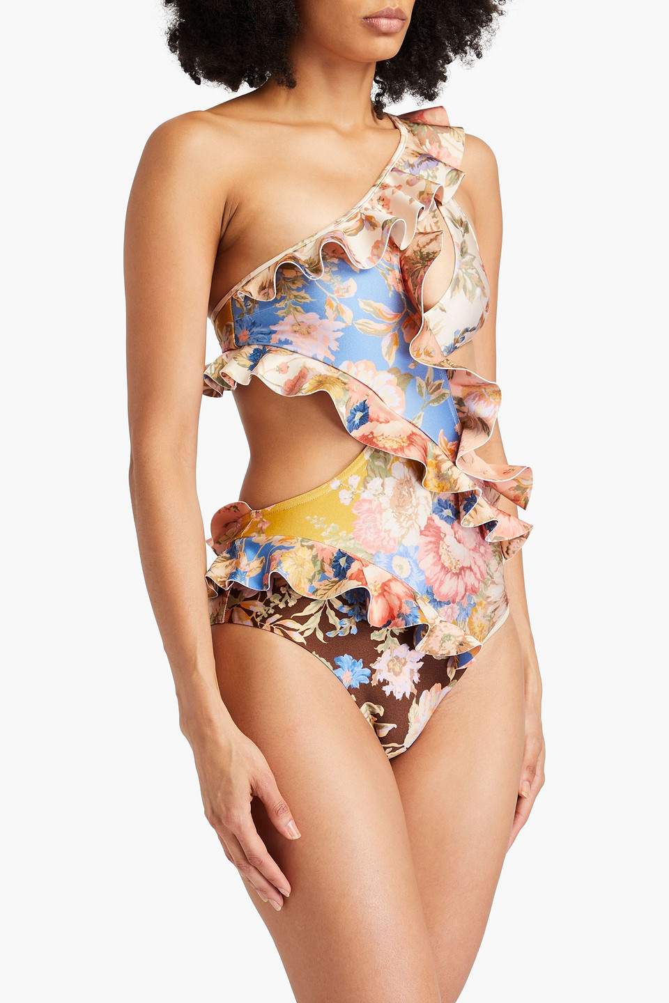 Zimmermann One-shoulder Ruffled Cutout Floral-print Swimsuit In Altrosa