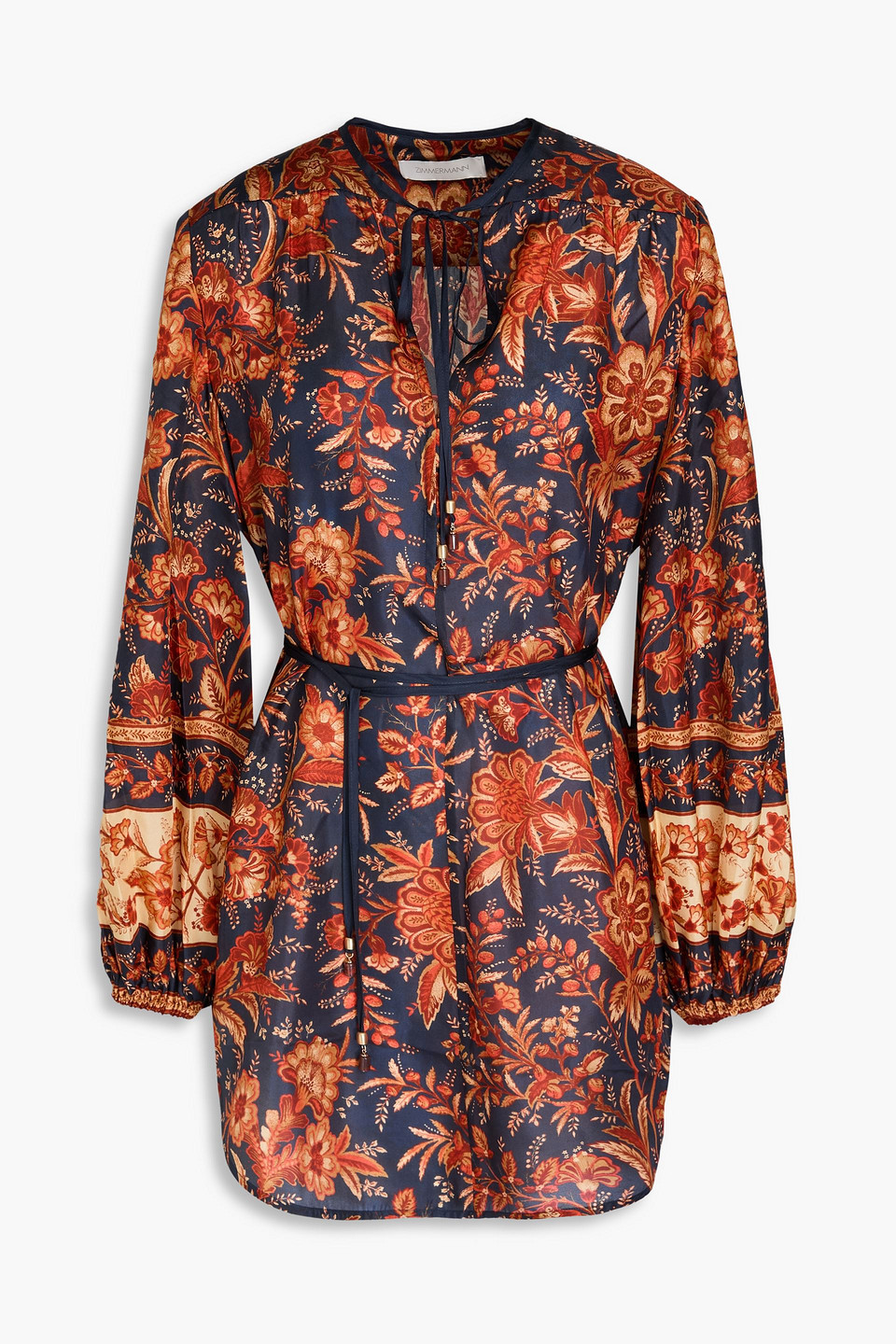 Shop Zimmermann Belted Floral-print Silk-habotai Tunic In Navy