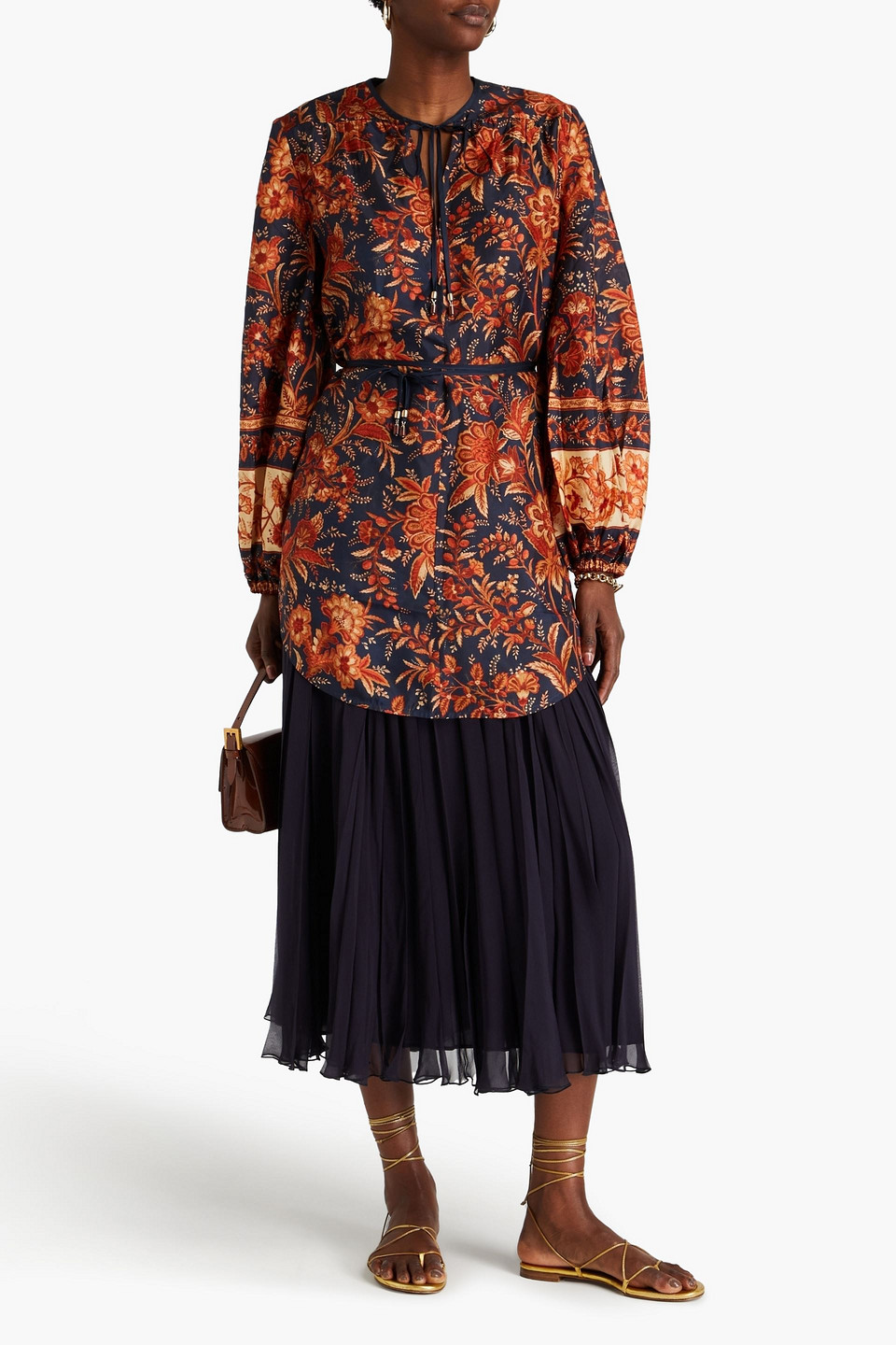 Shop Zimmermann Belted Floral-print Silk-habotai Tunic In Navy