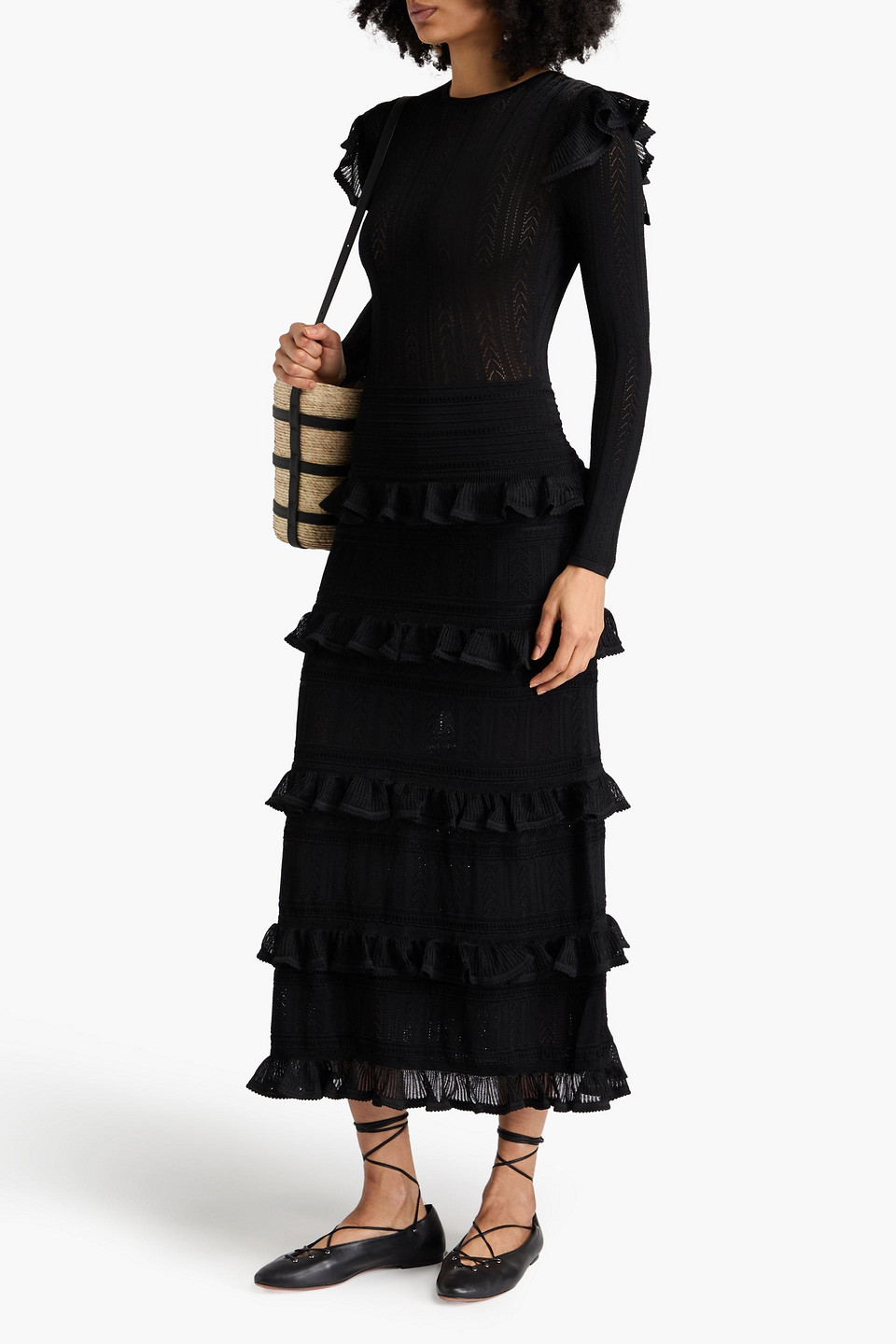 Zimmermann Tiered Pointelle-knit Midi Dress In Black